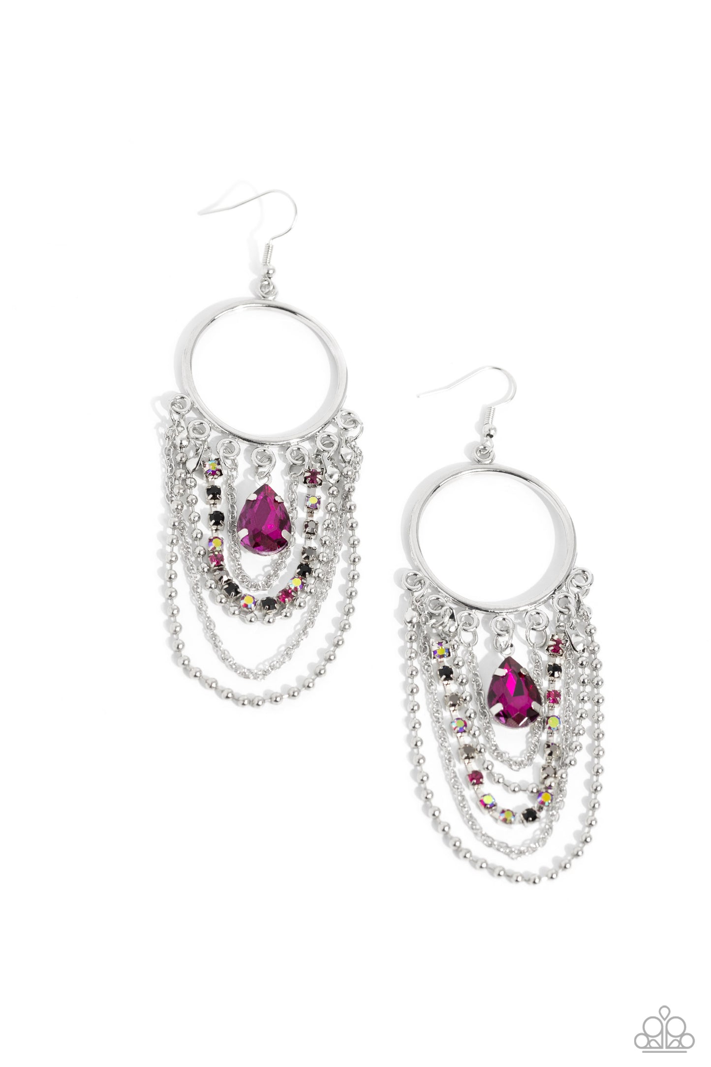 Cascading Clash - Multi Colored Rhinestone, Fuchsia Gem & Silver Chain Chandelier Earring Paparazzi E1699