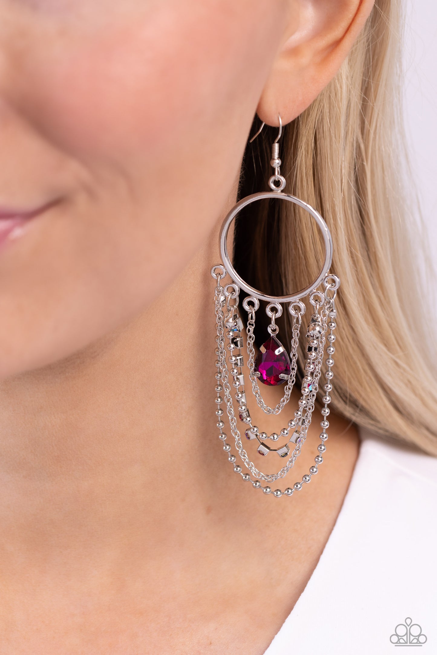 Cascading Clash - Multi Colored Rhinestone, Fuchsia Gem & Silver Chain Chandelier Earring Paparazzi E1699