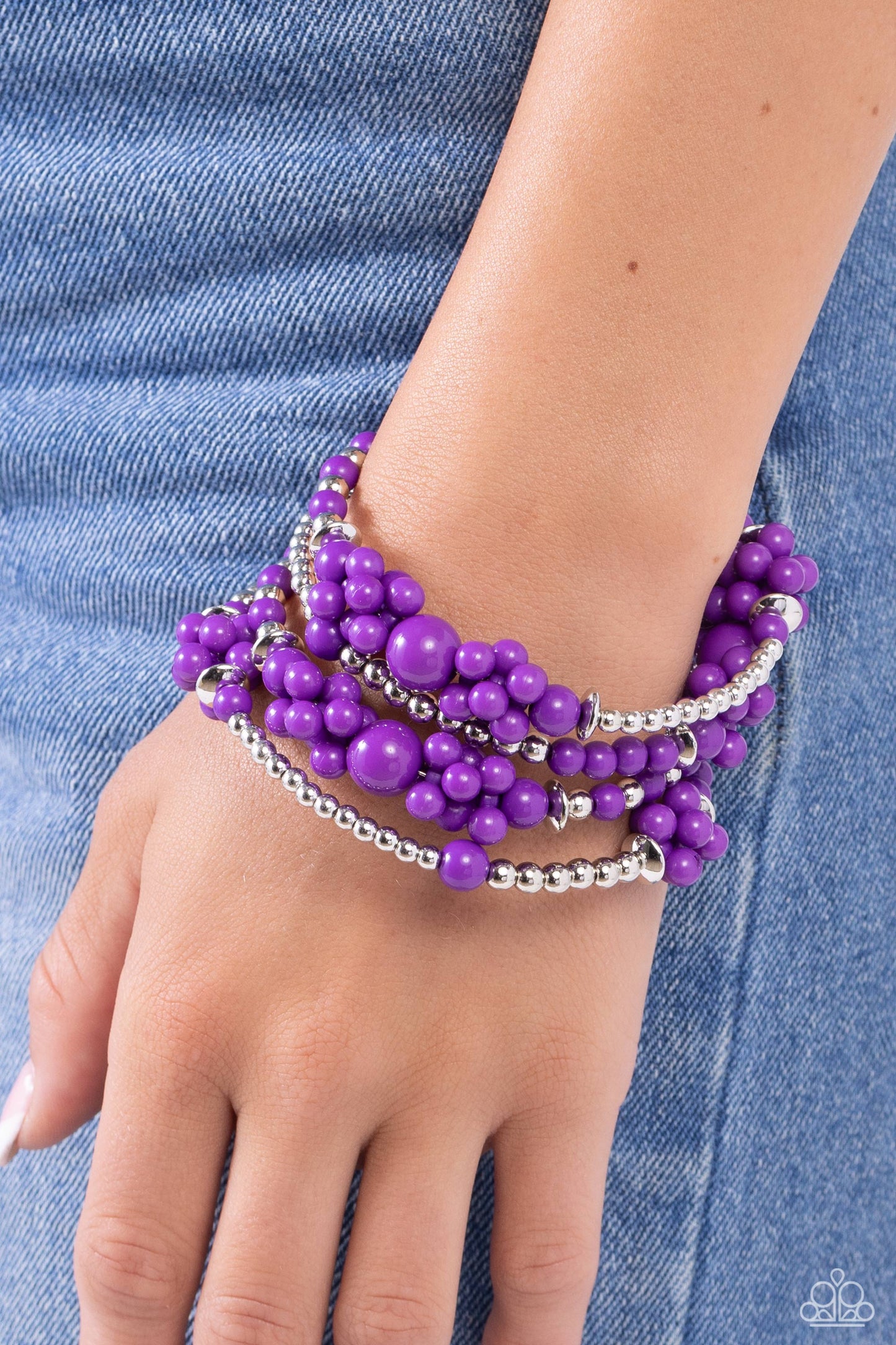 Compelling Clouds - Purple Plum & Silver Bead Coil Bracelet Paparazzi B1464