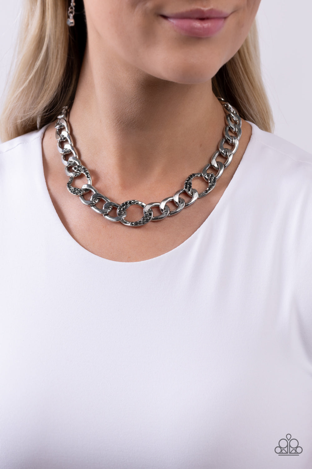 Gleaming Harmony - Silver Curb Chain Hematite Rhinestone Necklace Paparazzi N0892