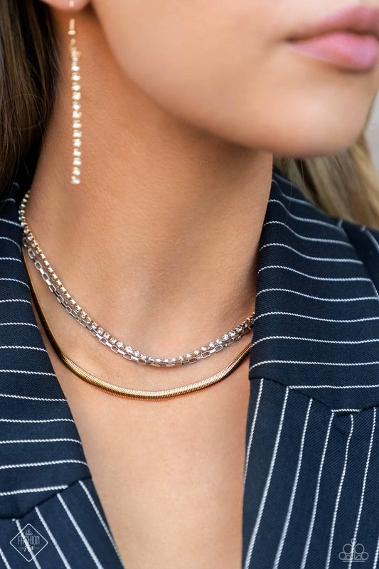 I SQUARE For You - Gold Herringbone, Silver Box Chain & White Rhinestone Necklace Fashion Fix February 2024 Paparazzi N2144