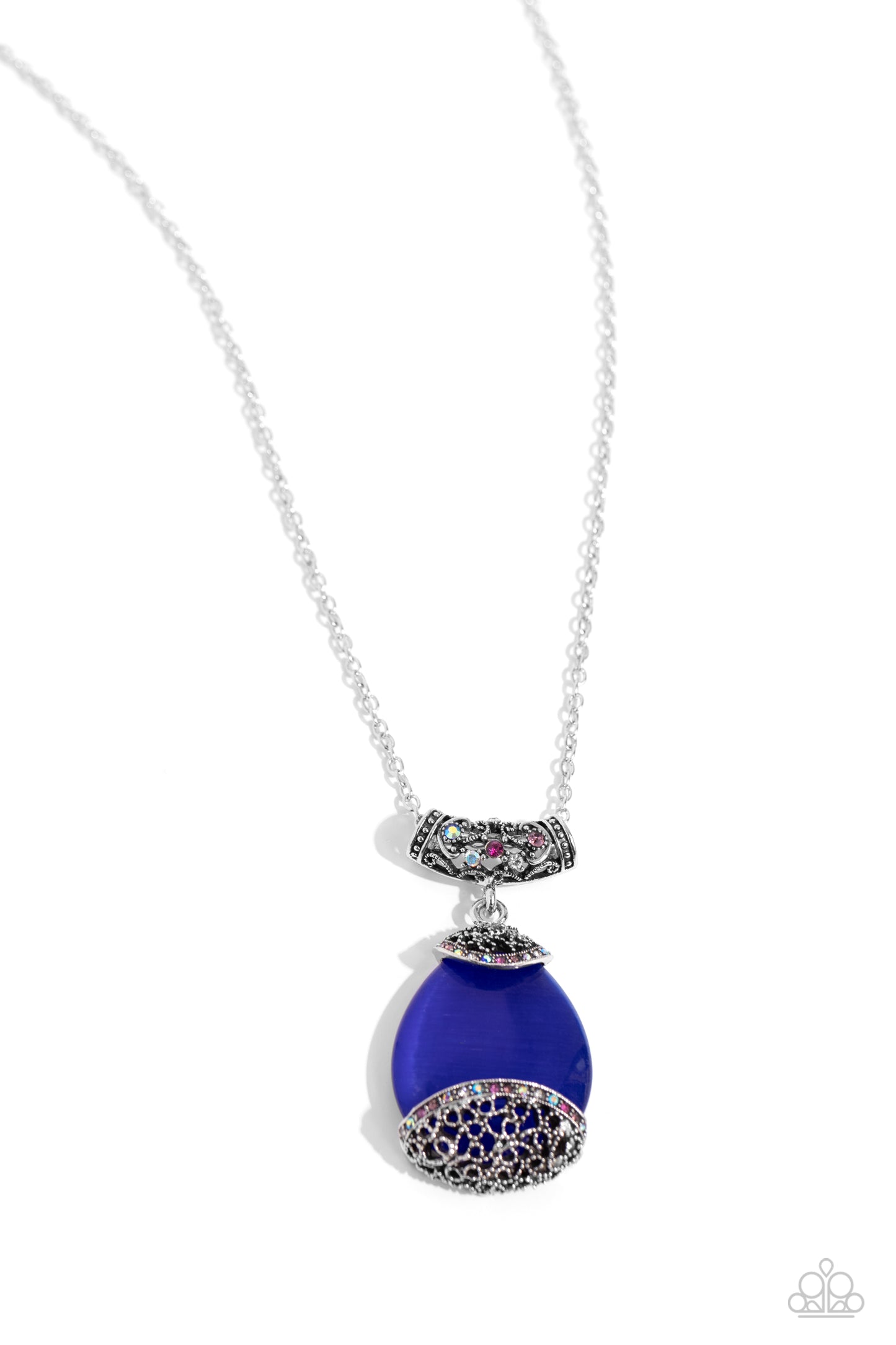 Hypnotic Headliner - Multi Colored & Iridescent Rhinestones Blue Cat's Eye Teardrop Pendant Necklace Paparazzi N2114