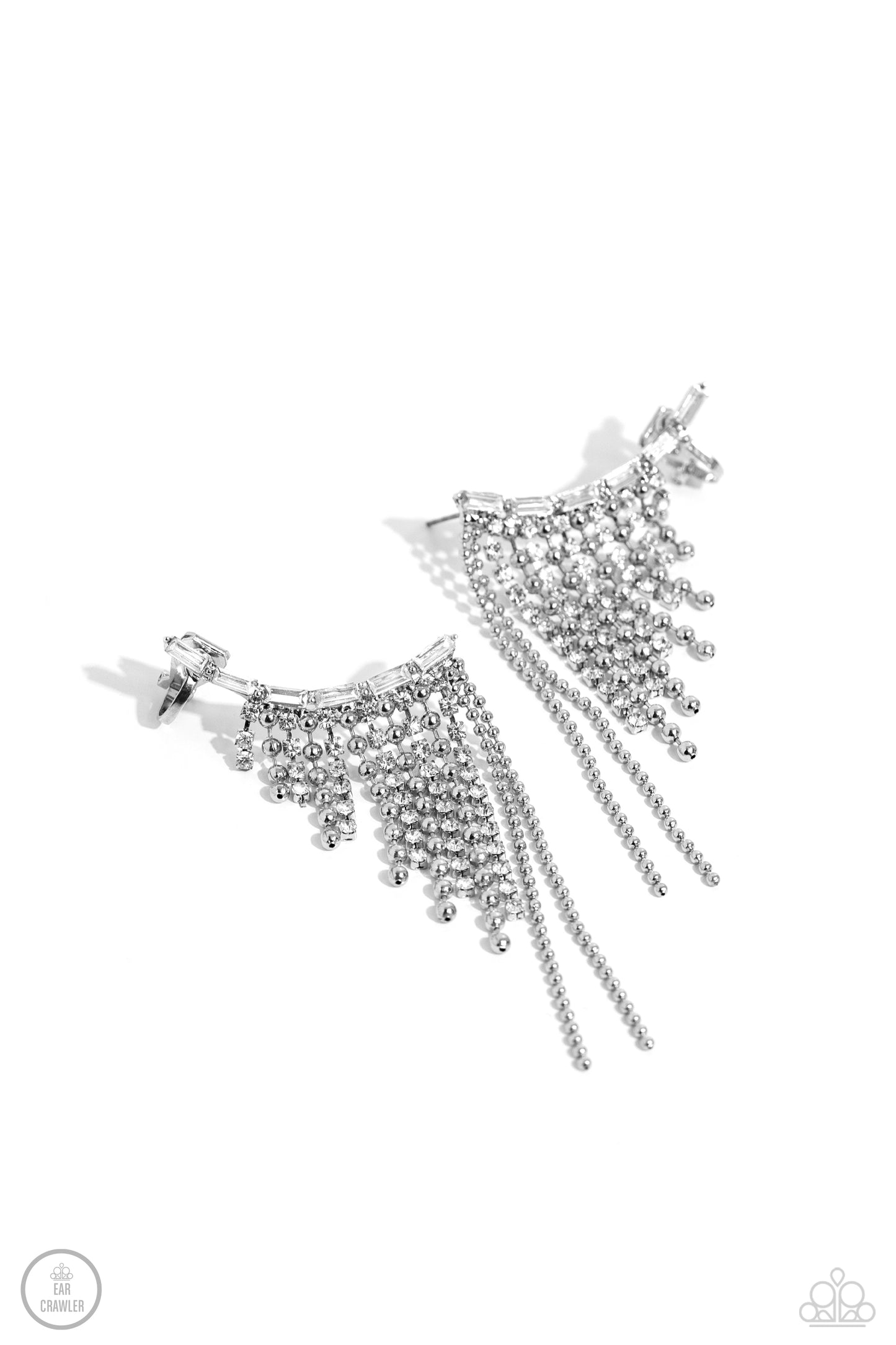 Tapered Tease - White Rhinestone Silver Chain Ear Crawler Earring Paparazzi E1745