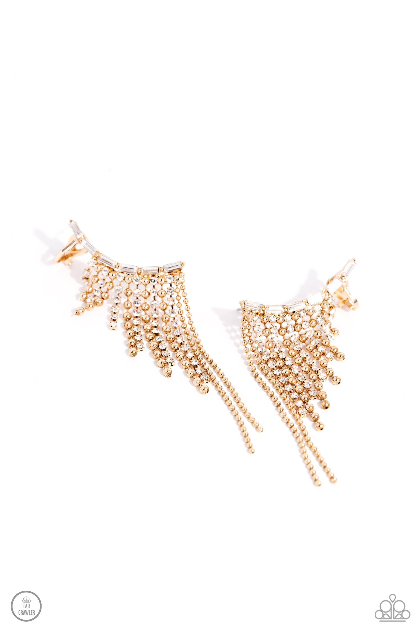 Tapered Tease - Gold Chain White Rhinestone Ear Crawler Earring Paparazzi E1628