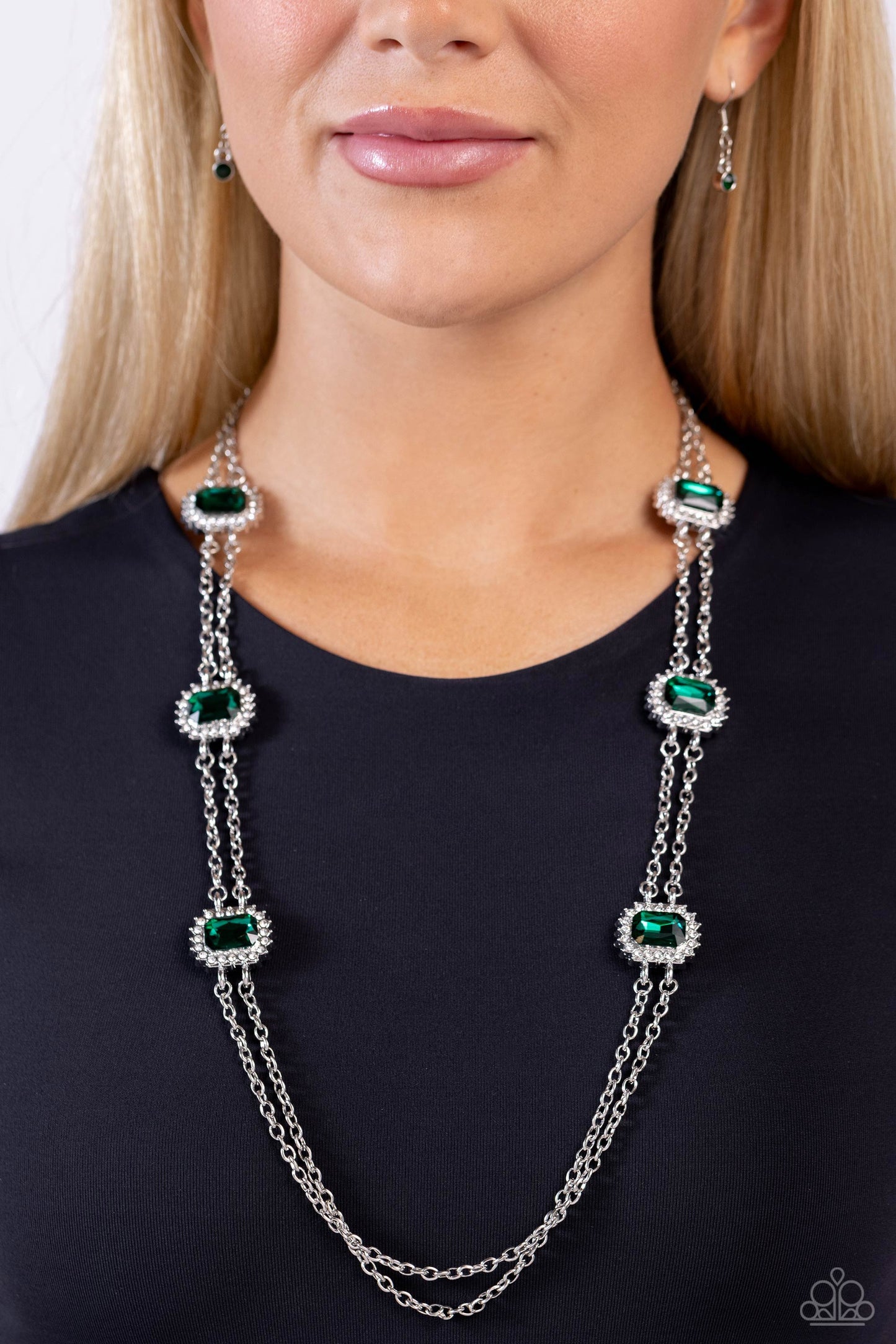 Pocketful of Sunshine - Green Gem & White Rhinestone Double Layer Chain Necklace Paparazzi N3009