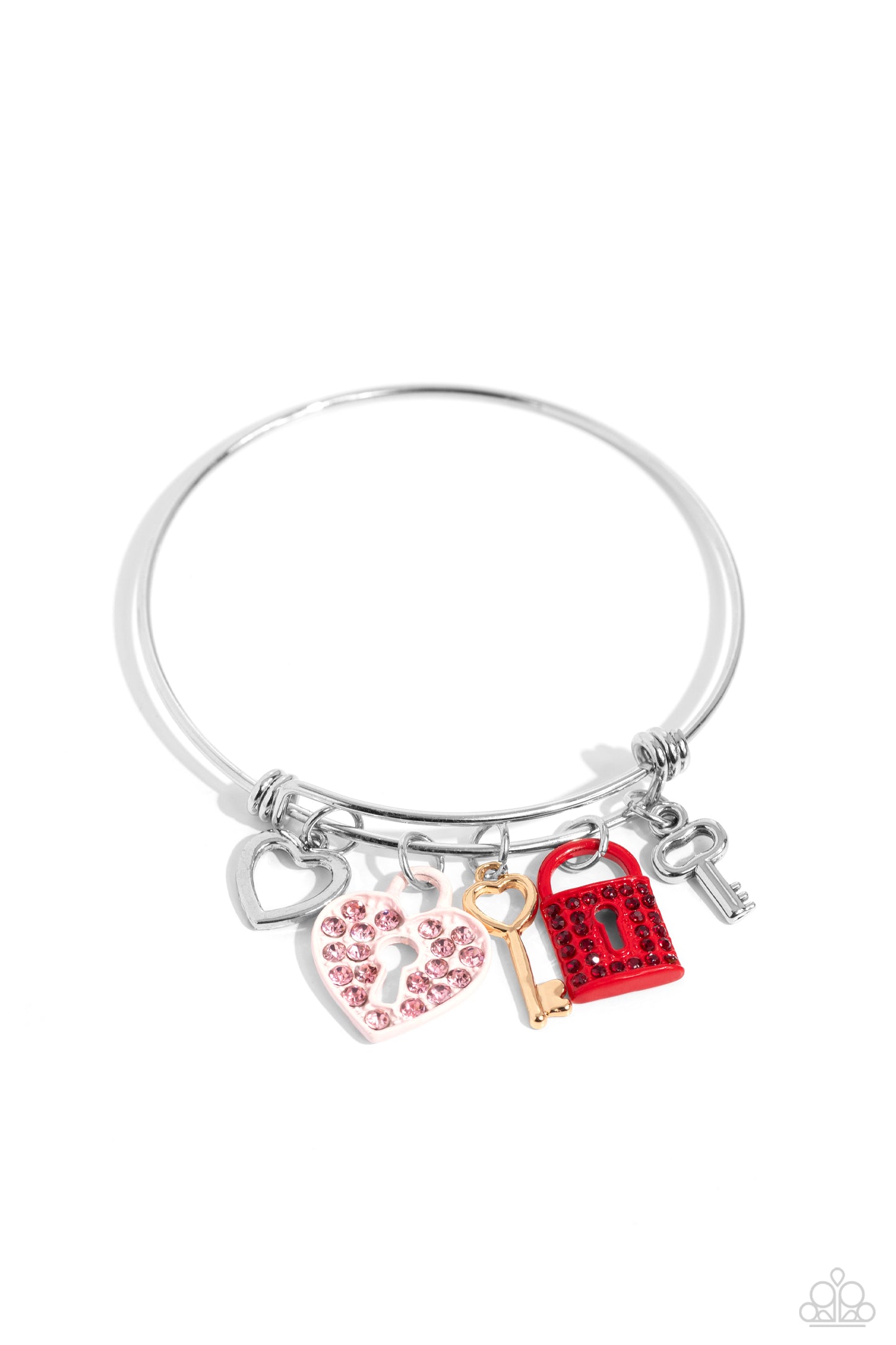 Locked Legacy - Multi Red & Pink Rhinestone Heart, Key, Lock Charm Bracelet Paparazzi B1385