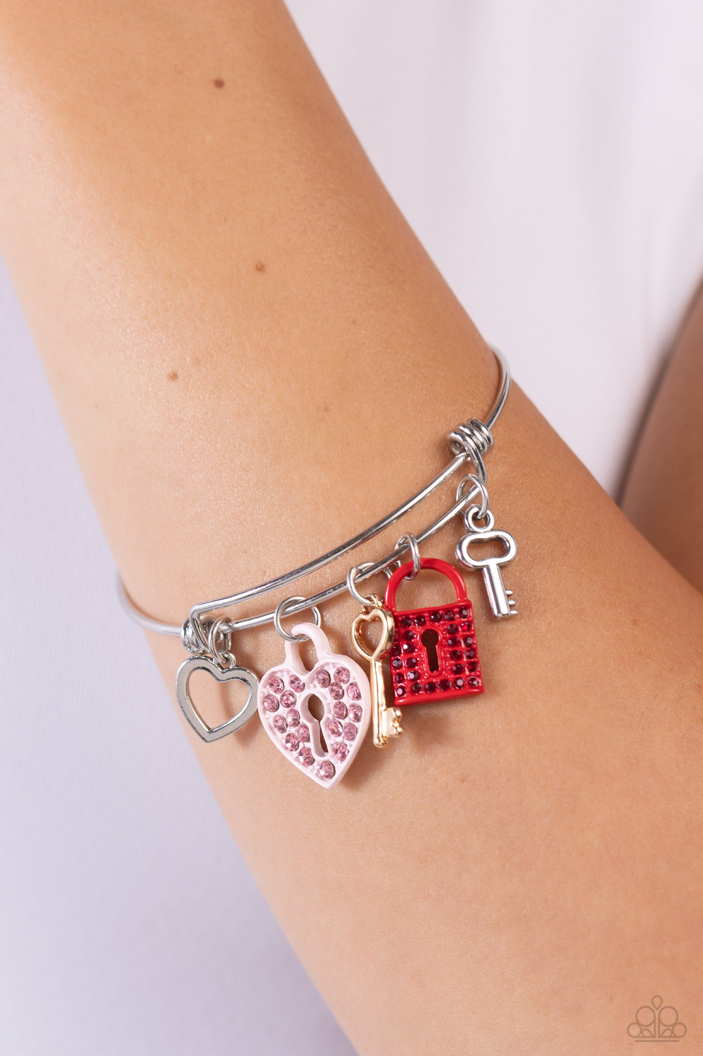 Locked Legacy - Multi Red & Pink Rhinestone Heart, Key, Lock Charm Bracelet Paparazzi B1385