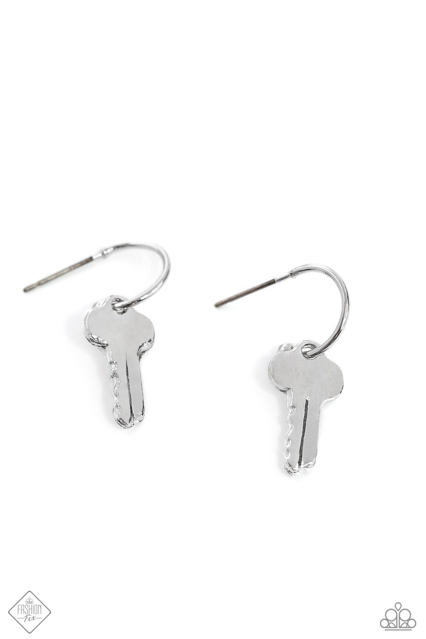 The Key to Everything - Silver 1/2 Hoop & Key Charm Earring Fashion Fix January 2024 Paparazzi E1779