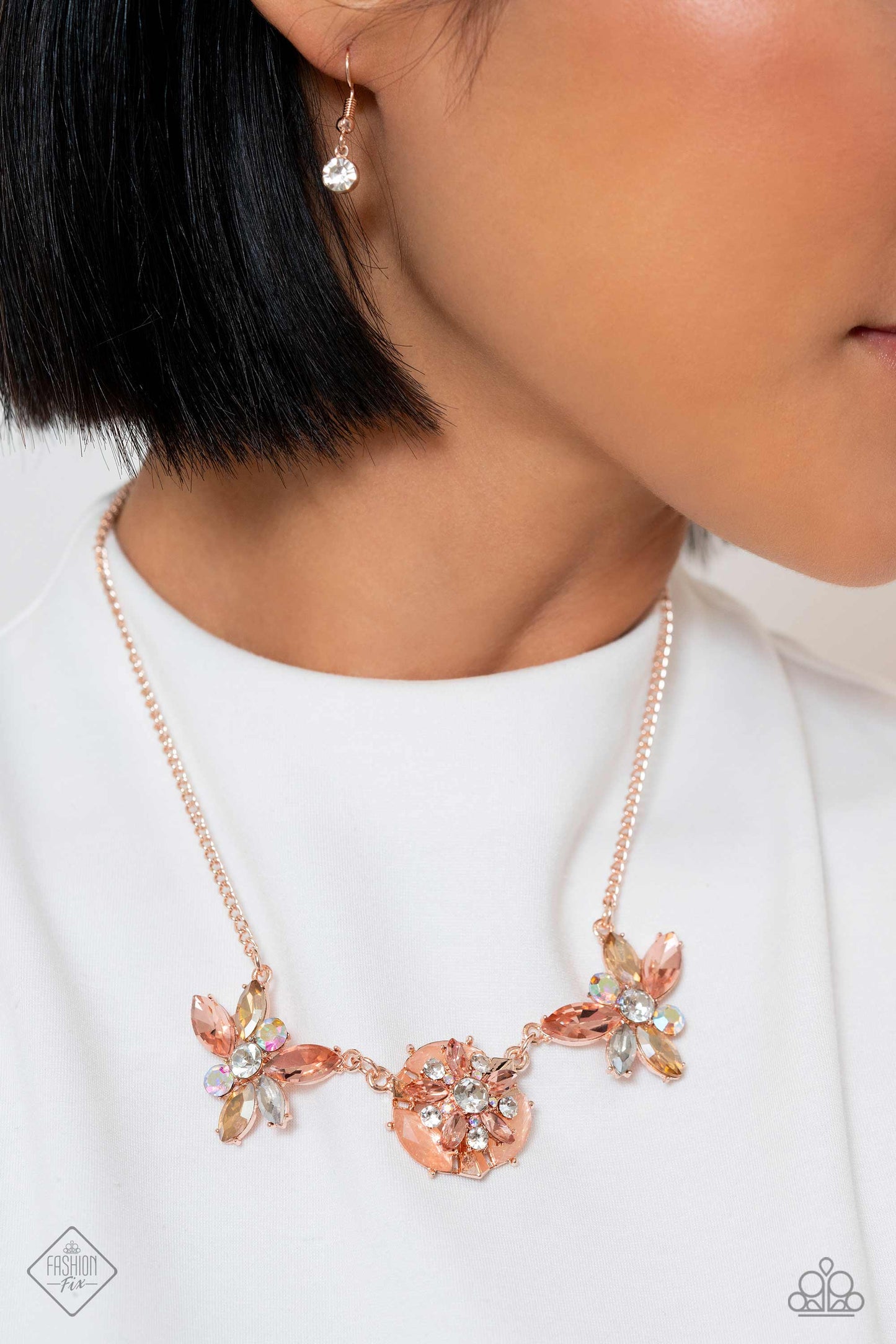 Soft-Hearted Series - Rose Gold Peach Gem,  White & Iridescent Rhinestone Necklace Fashion Fix December 2023 Paparazzi N2060