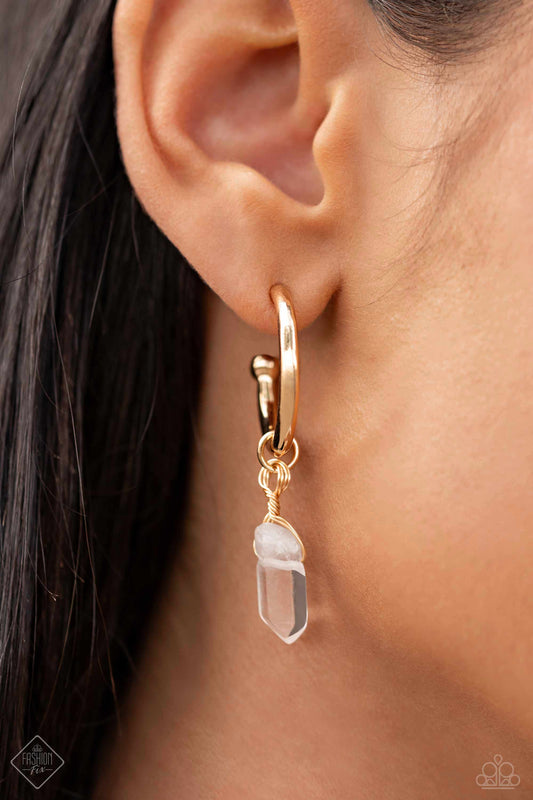 Excavated Elegance - Gold 3/4 Inch Hoop & White Stone Earring Fashion Fix January 2024 Paparazzi E1778