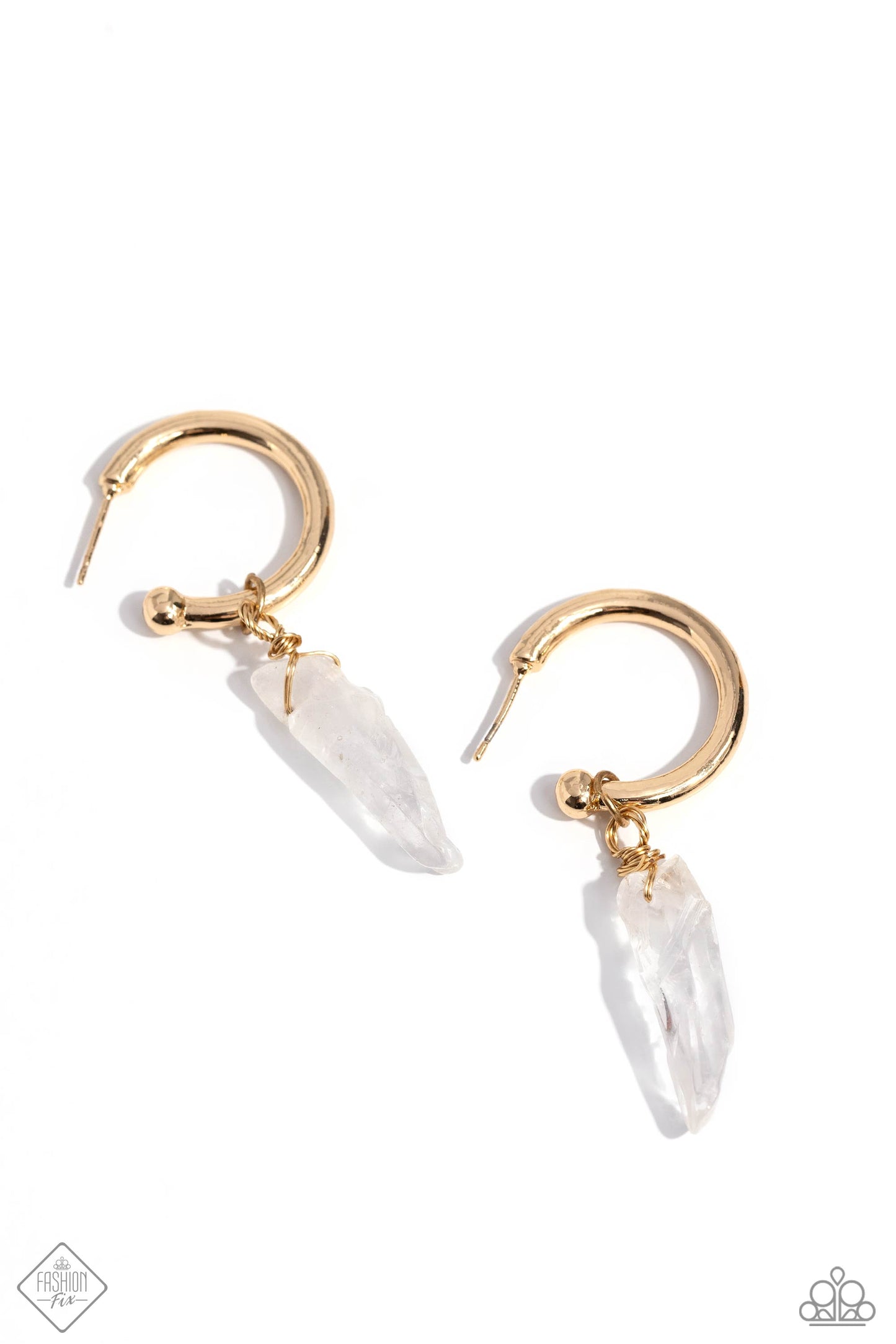 Excavated Elegance - Gold 3/4 Inch Hoop & White Stone Earring Fashion Fix January 2024 Paparazzi E1778