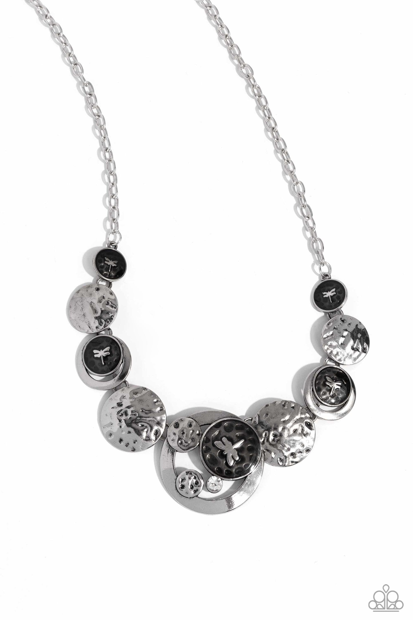 Dragonfly Design - Black Painted & Silver Disc With Silver Dragonfly Necklace Paparazzi N3003