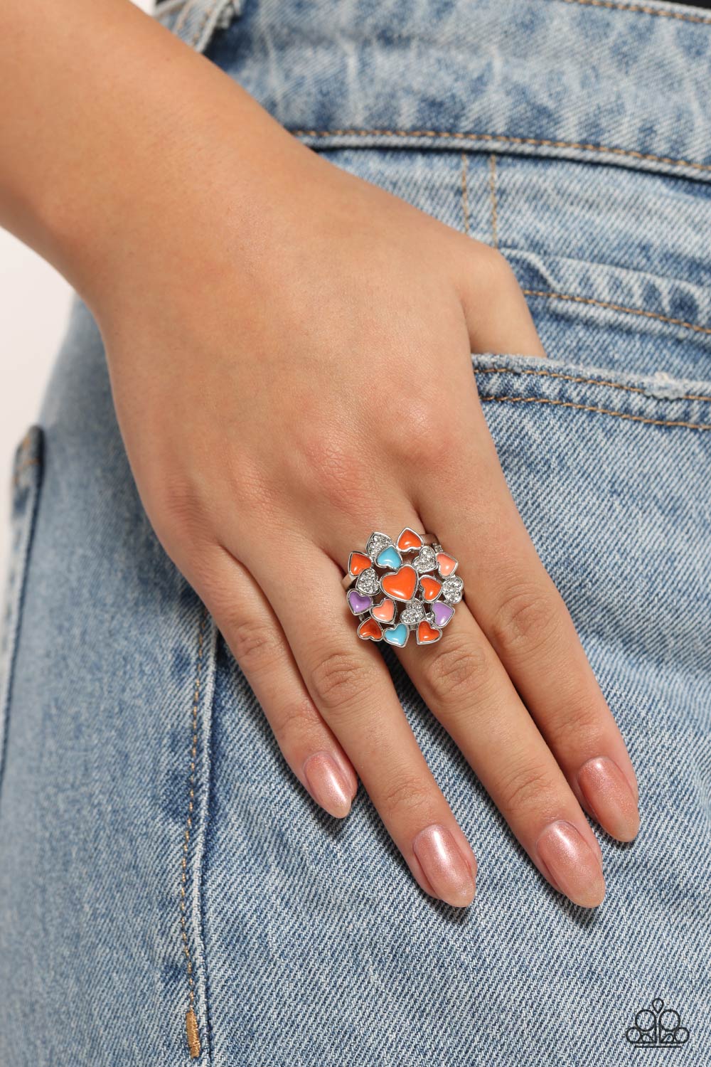 Gimme Some Lovin - Orange, Coral, Blue, Lavender, White Rhinestone Heart Ring Paparazzi R0671