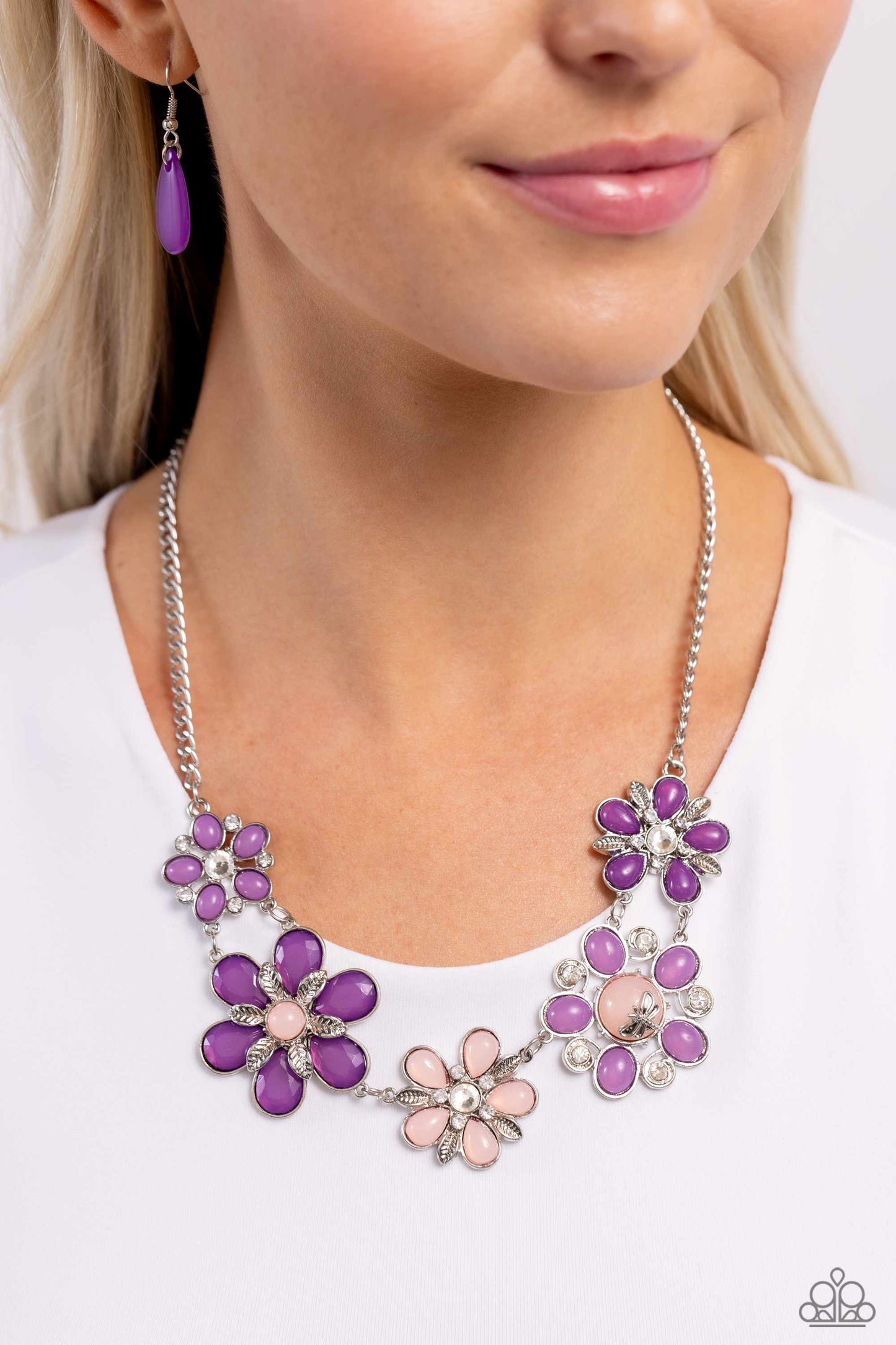 Dragonfly Decadence - Purple. Babu Pink & Lavender Flower Silver Dragonfly Necklace Paparazzi N2113