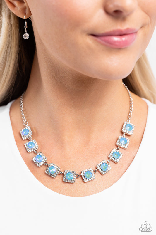 Jump SQUARE - Blue UV Gem White Rhinestone Silver Necklace Paparazzi N2005