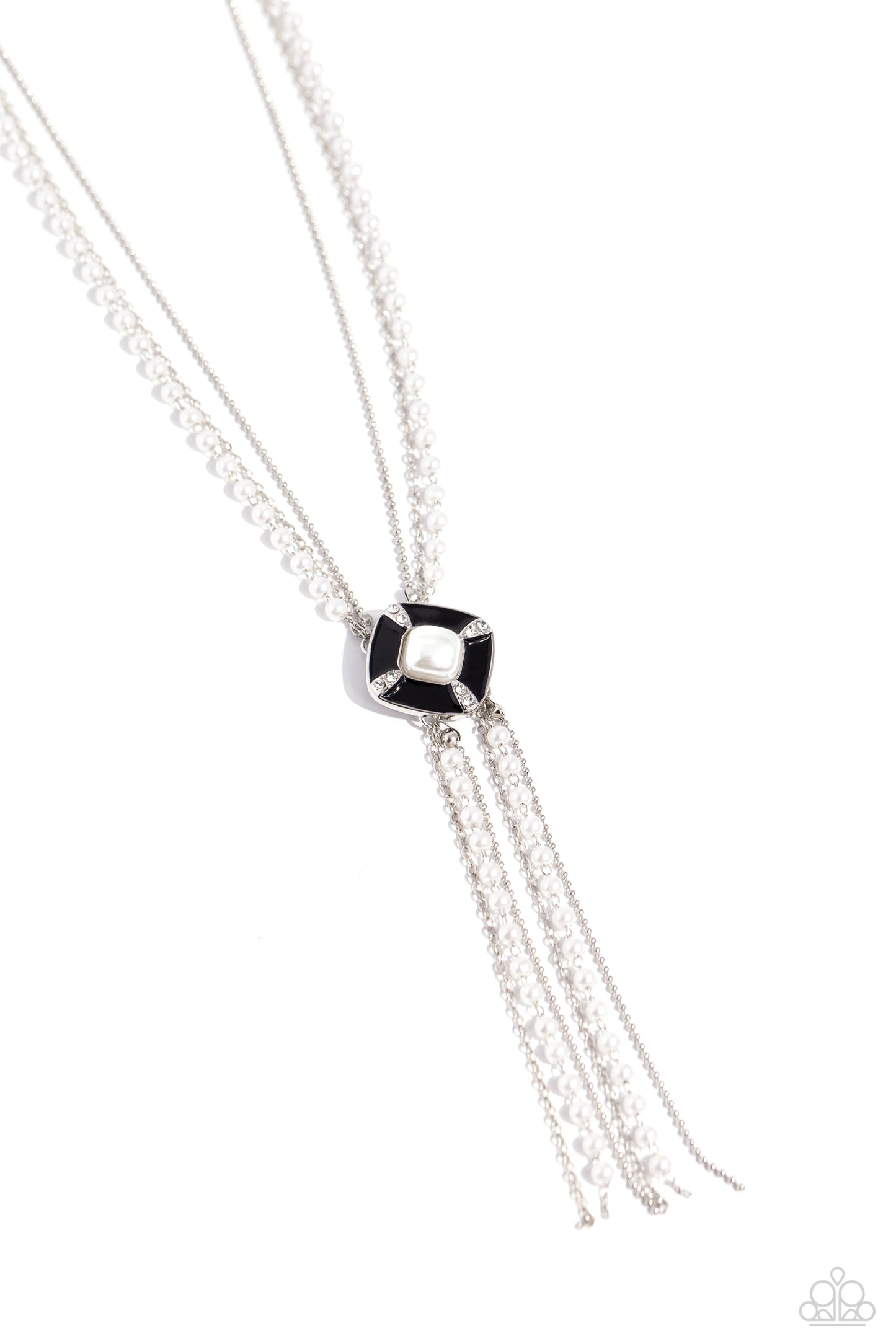 I Pinky SQUARE - Black Pendant & White Pearl Tassel Necklace Paparazzi N3011