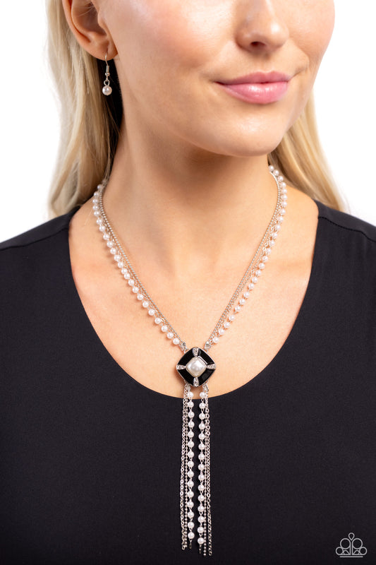 I Pinky SQUARE - Black Pendant & White Pearl Tassel Necklace Paparazzi N3011