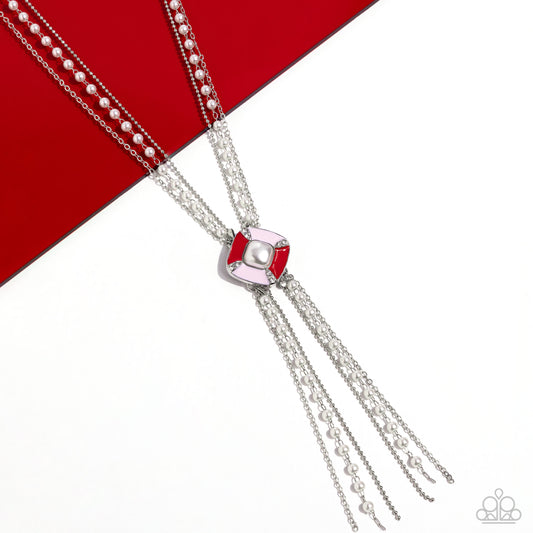 I Pinky SQUARE - Red & Baby Pink Painted Pendant White Pearl & Ball Chain Necklace Paparazzi N2131