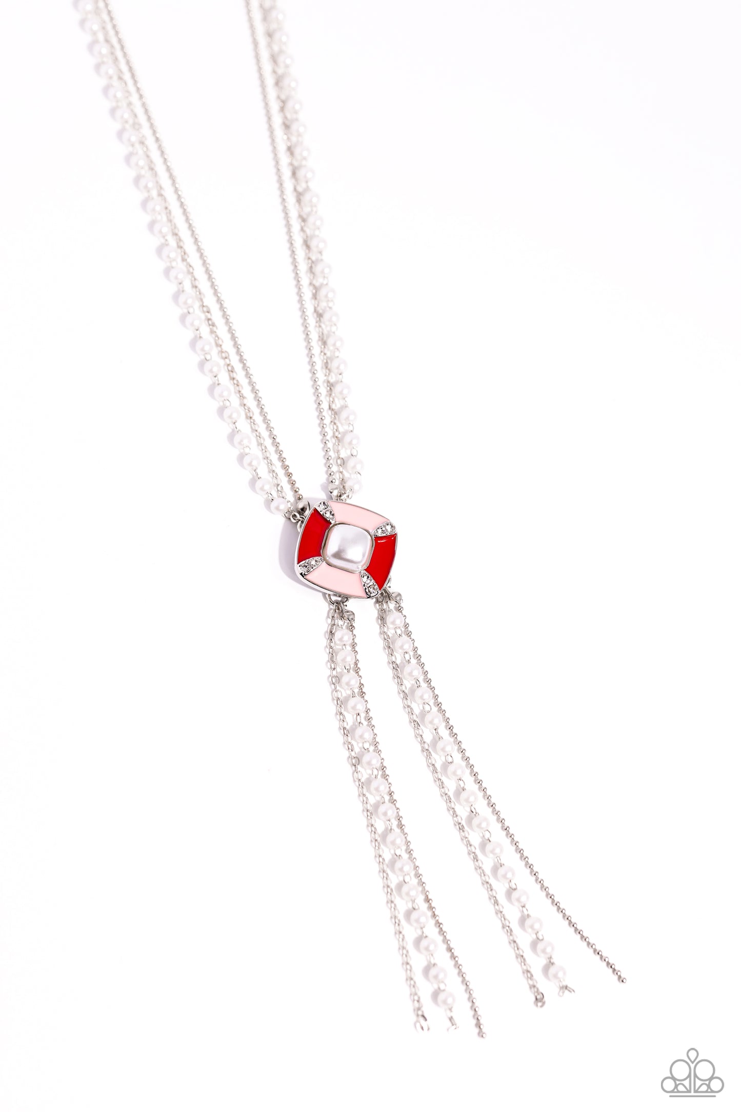 I Pinky SQUARE - Red & Baby Pink Painted Pendant White Pearl & Ball Chain Necklace Paparazzi N2131