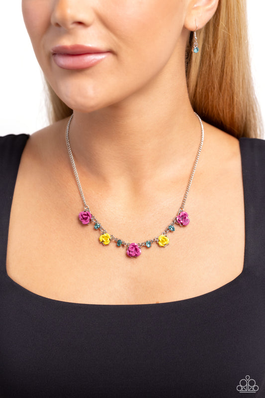 Strike a ROSE - Pink Rose Violet, Yellow High Visibility Metal Rose Necklace Paparazzi N2096