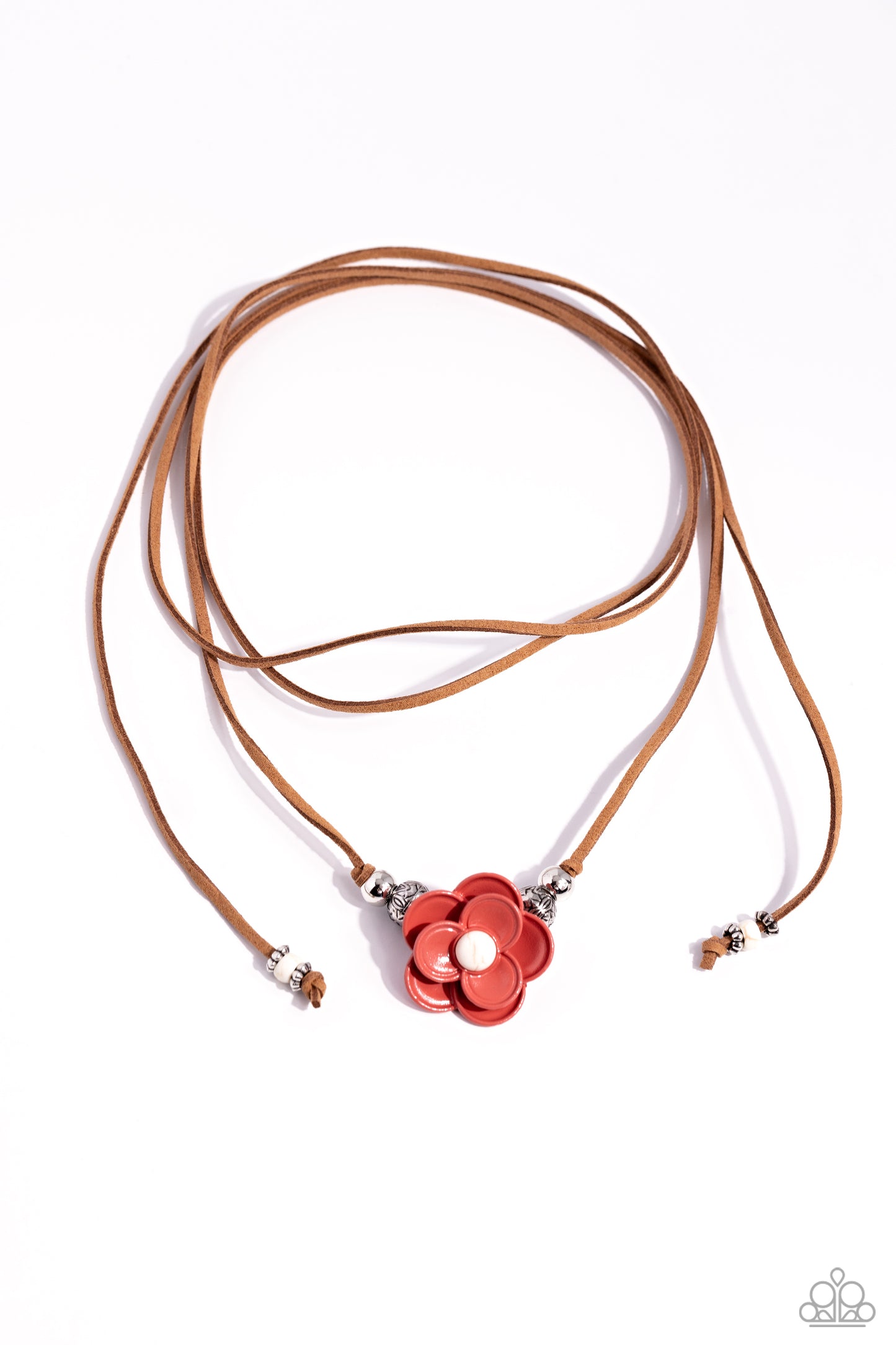 Wanderlust Wrap - White Stone, Burnt Sienna Flower On Brown Suede Wrap Necklace Paparazzi N3049