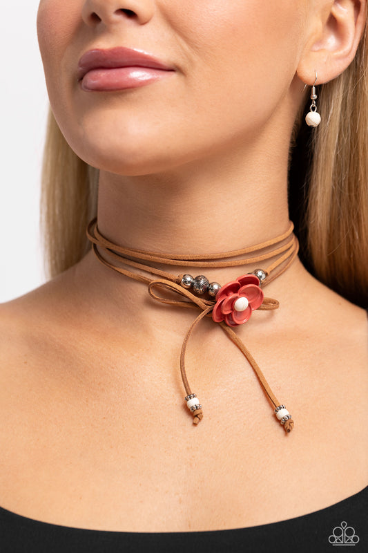 Wanderlust Wrap - White Stone, Burnt Sienna Flower On Brown Suede Wrap Necklace Paparazzi N3049