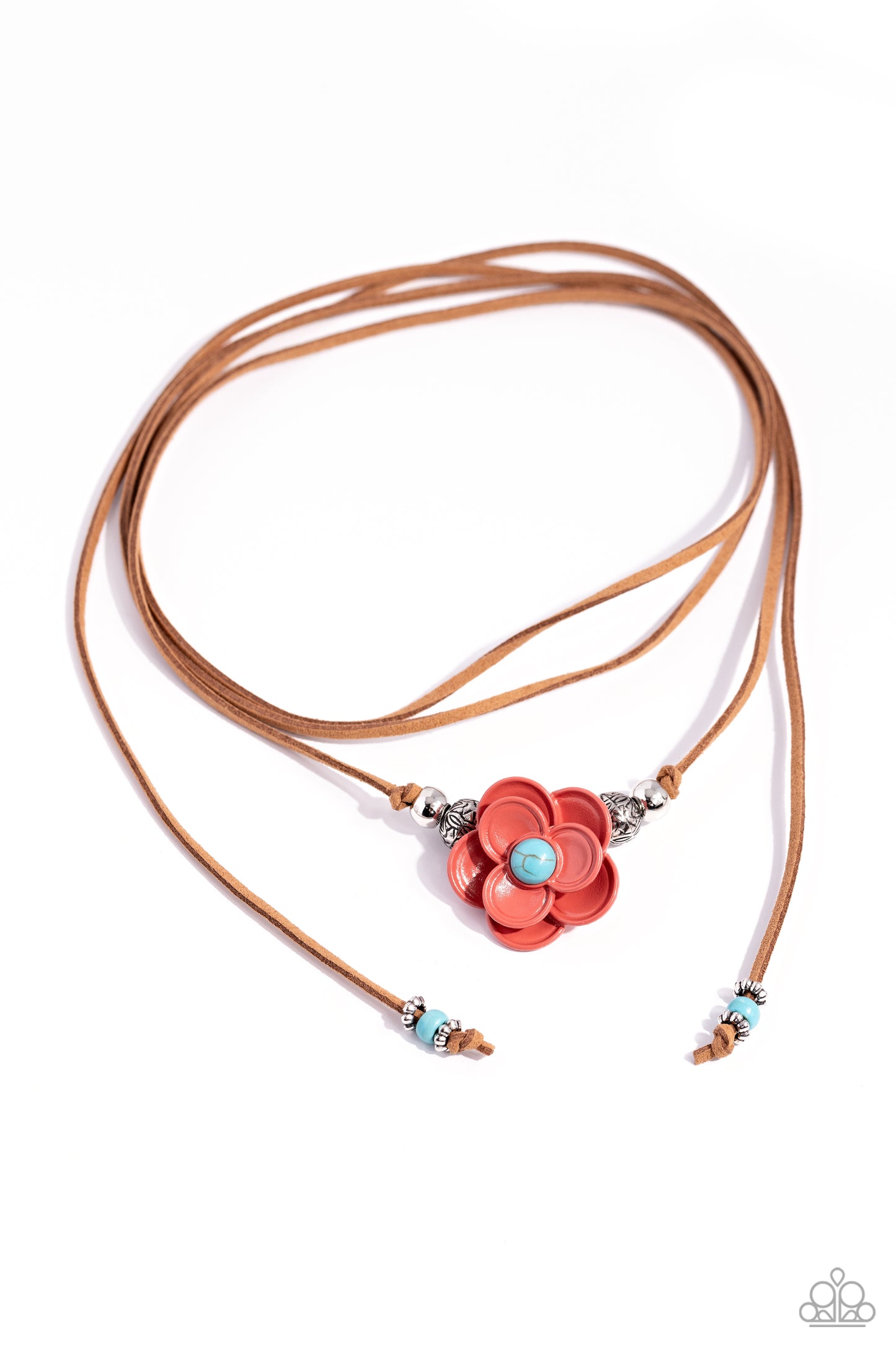 Wanderlust Wrap - Blue Turquoise Center Burnt Sienna 3D Flower Layered Wrap Necklace Paparazzi N2179