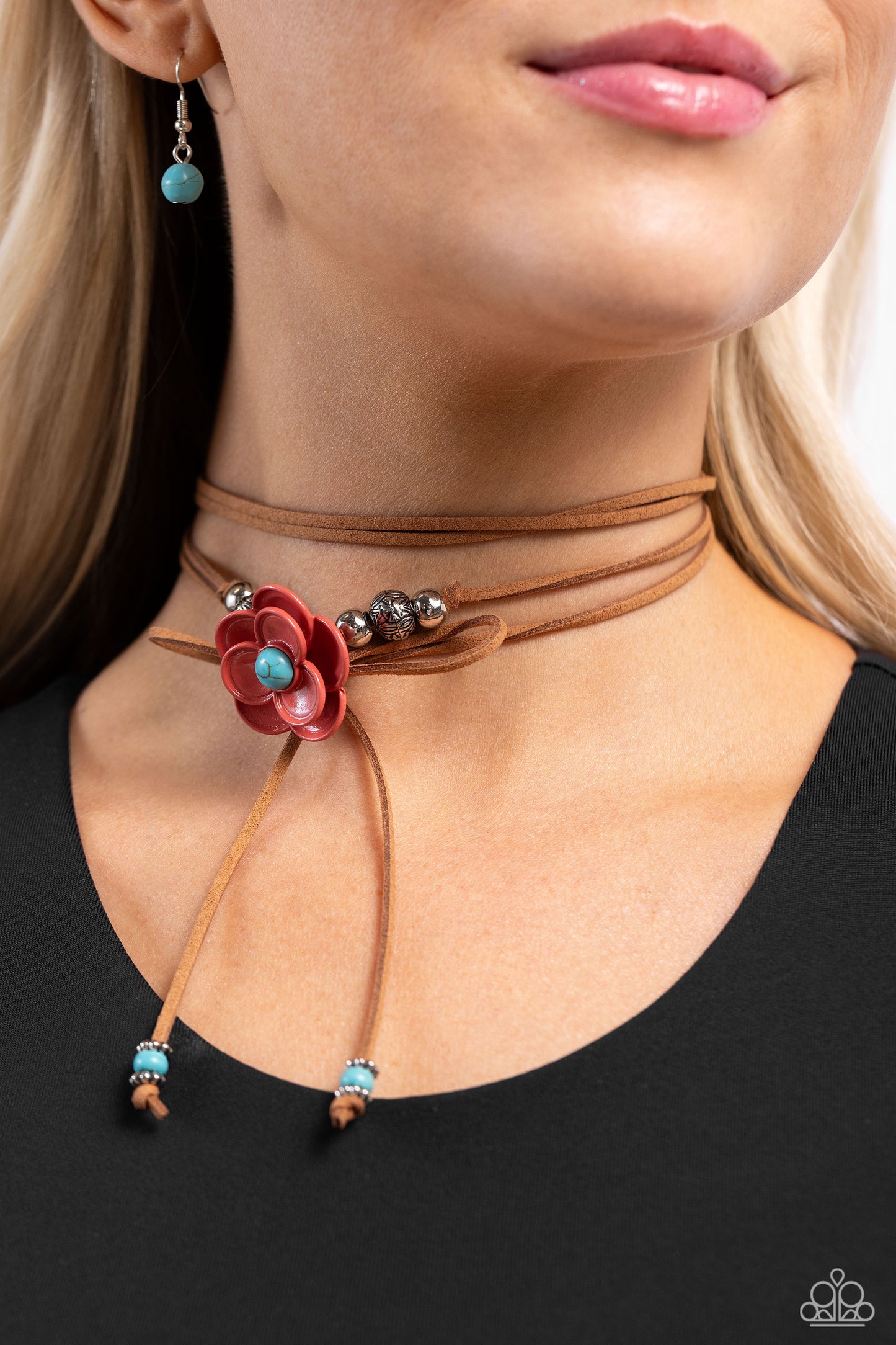 Wanderlust Wrap - Blue Turquoise Center Burnt Sienna 3D Flower Layered Wrap Necklace Paparazzi N2179