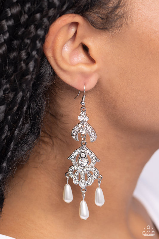 Cosmopolitan Combo - White Teardrop Pearl & Rhinestone Chandelier Earring Paparazzi E0516