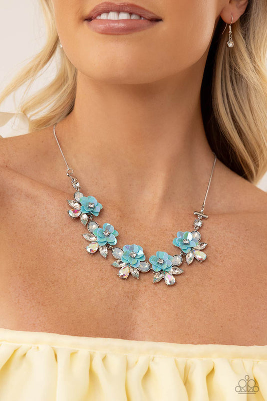 Ethereally Enamored - White, Opalescent Rhinestones,& Blue Iridescent Sequin Necklace Paparazzi N0625