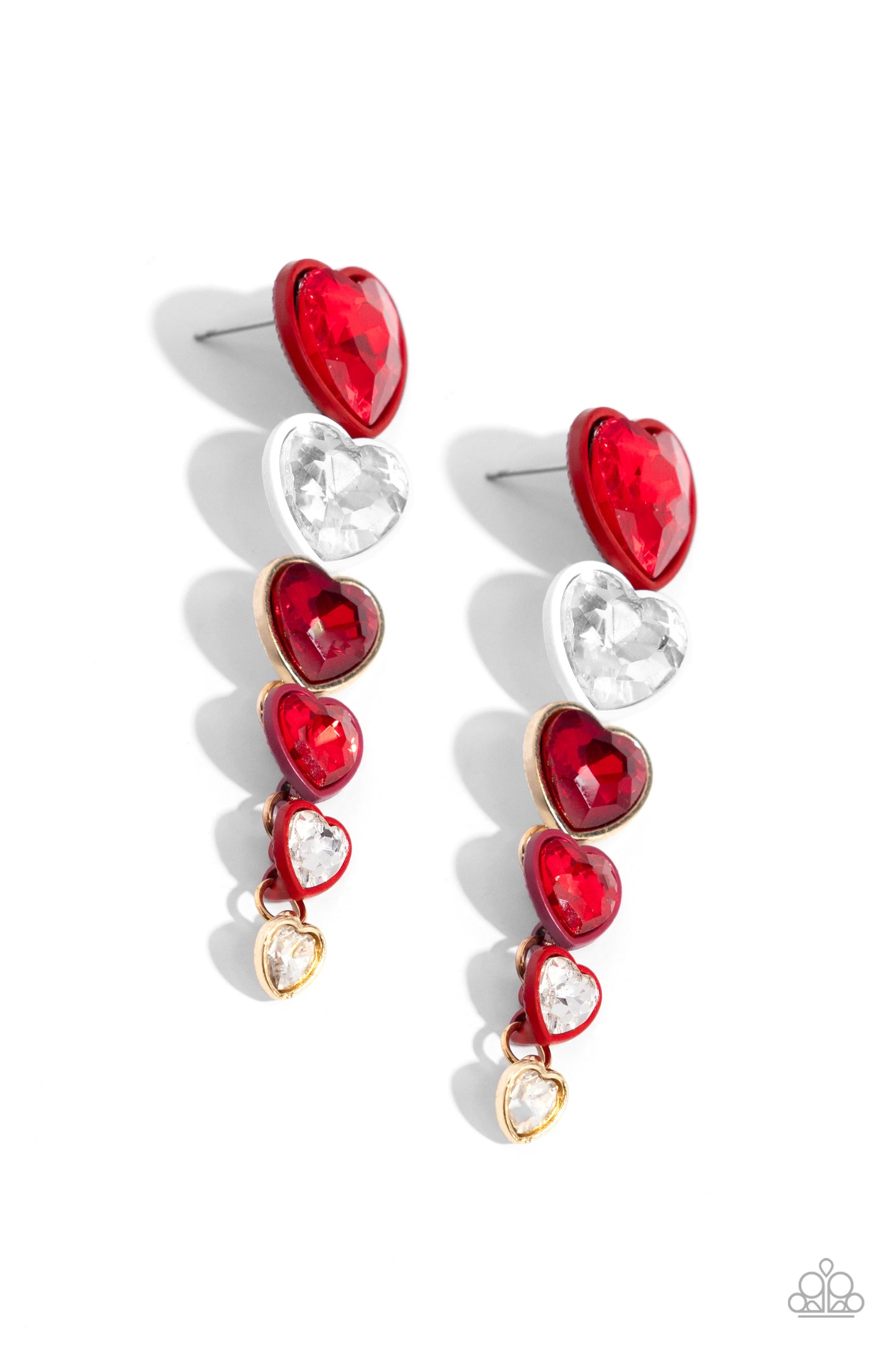 Cascading Casanova - Red & White Heart Gem Post Earring Paparazzi E1822