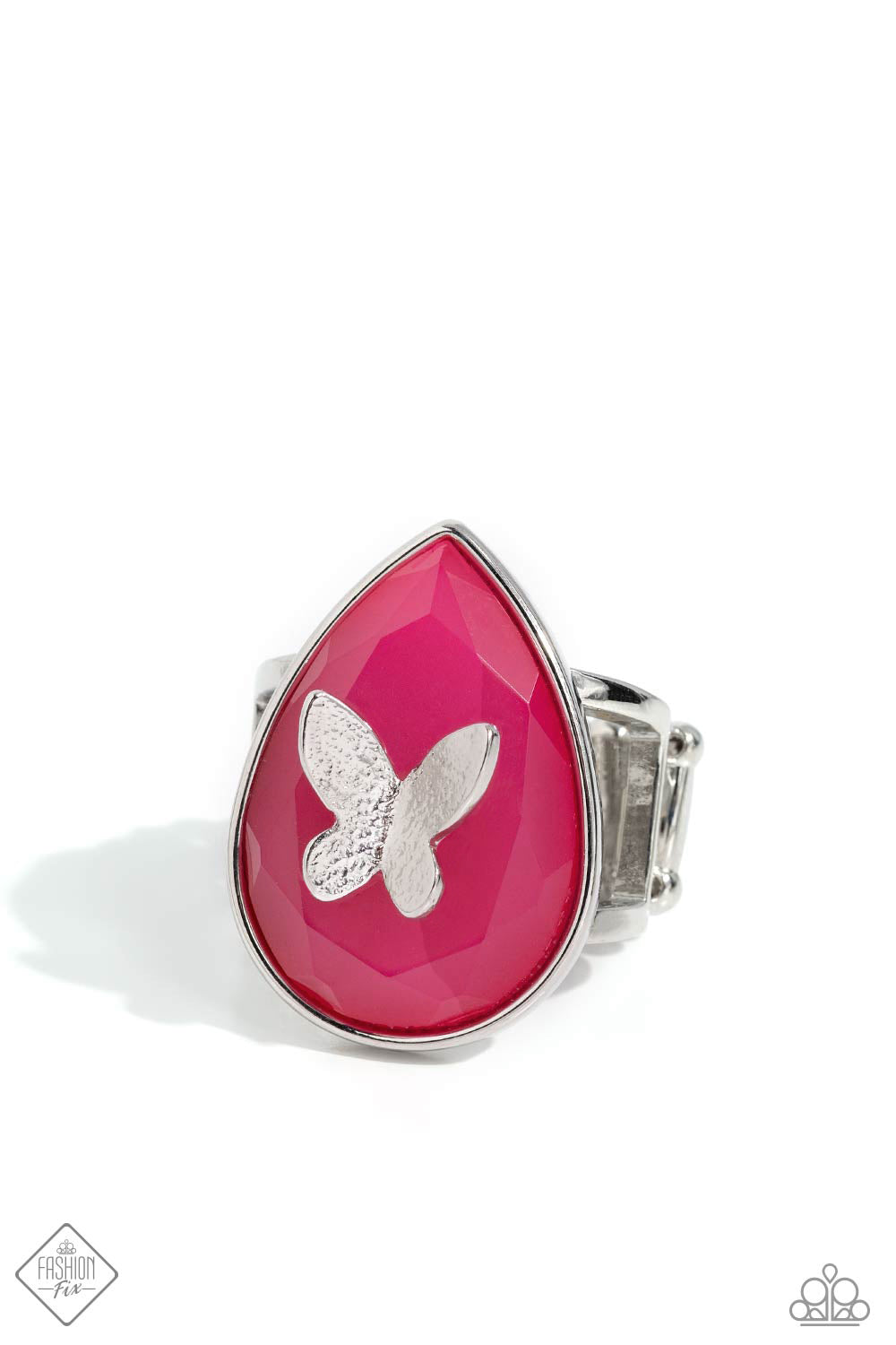 In Plain BRIGHT - Pink Teardrop Silver Butterfly Ring Fashion Fix January 2024 Paparazzi R0655