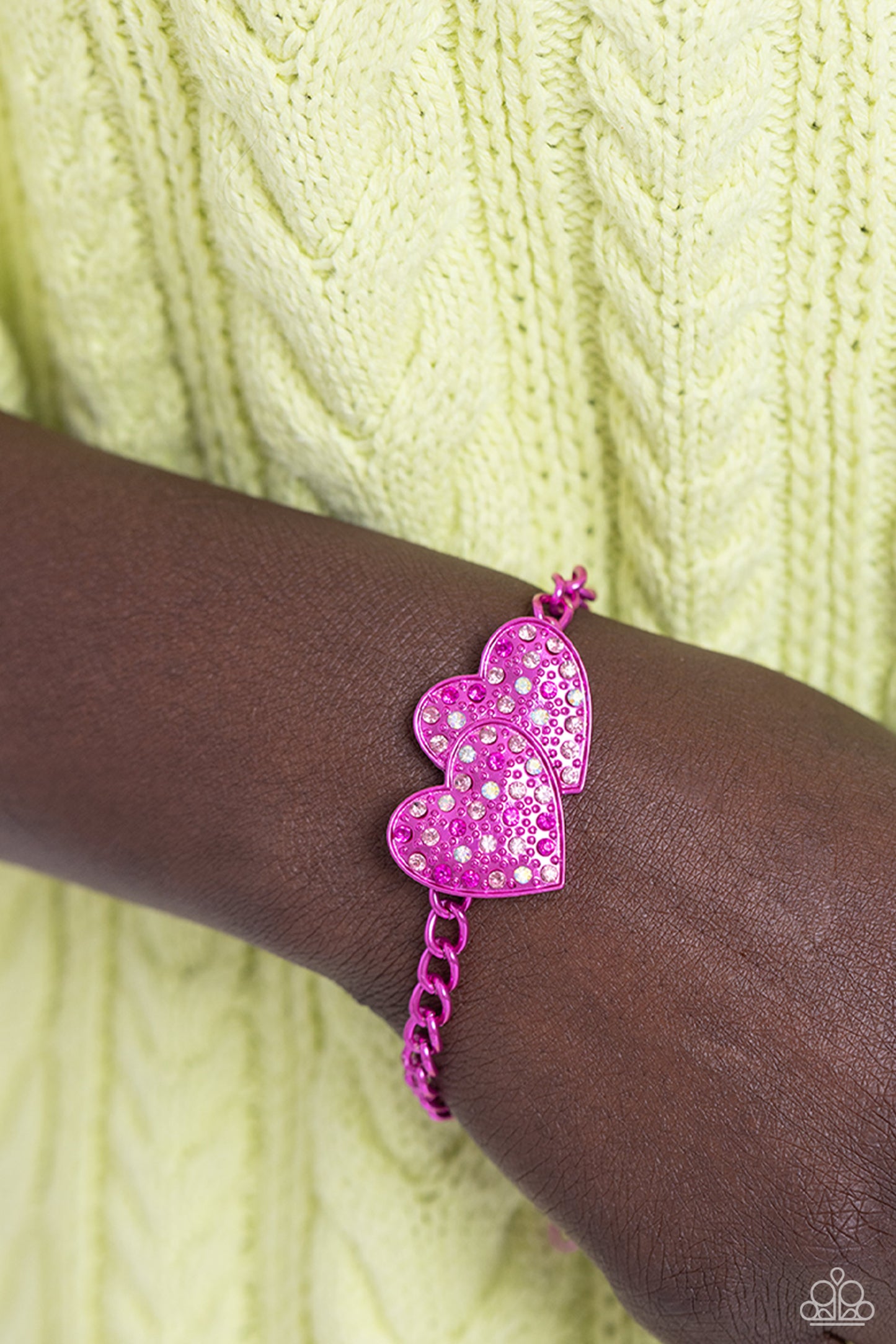 Lovestruck Lineup - Pink- Electric Pink & Iridescent Rhinestone Heart Bracelet Paparazzi B1551