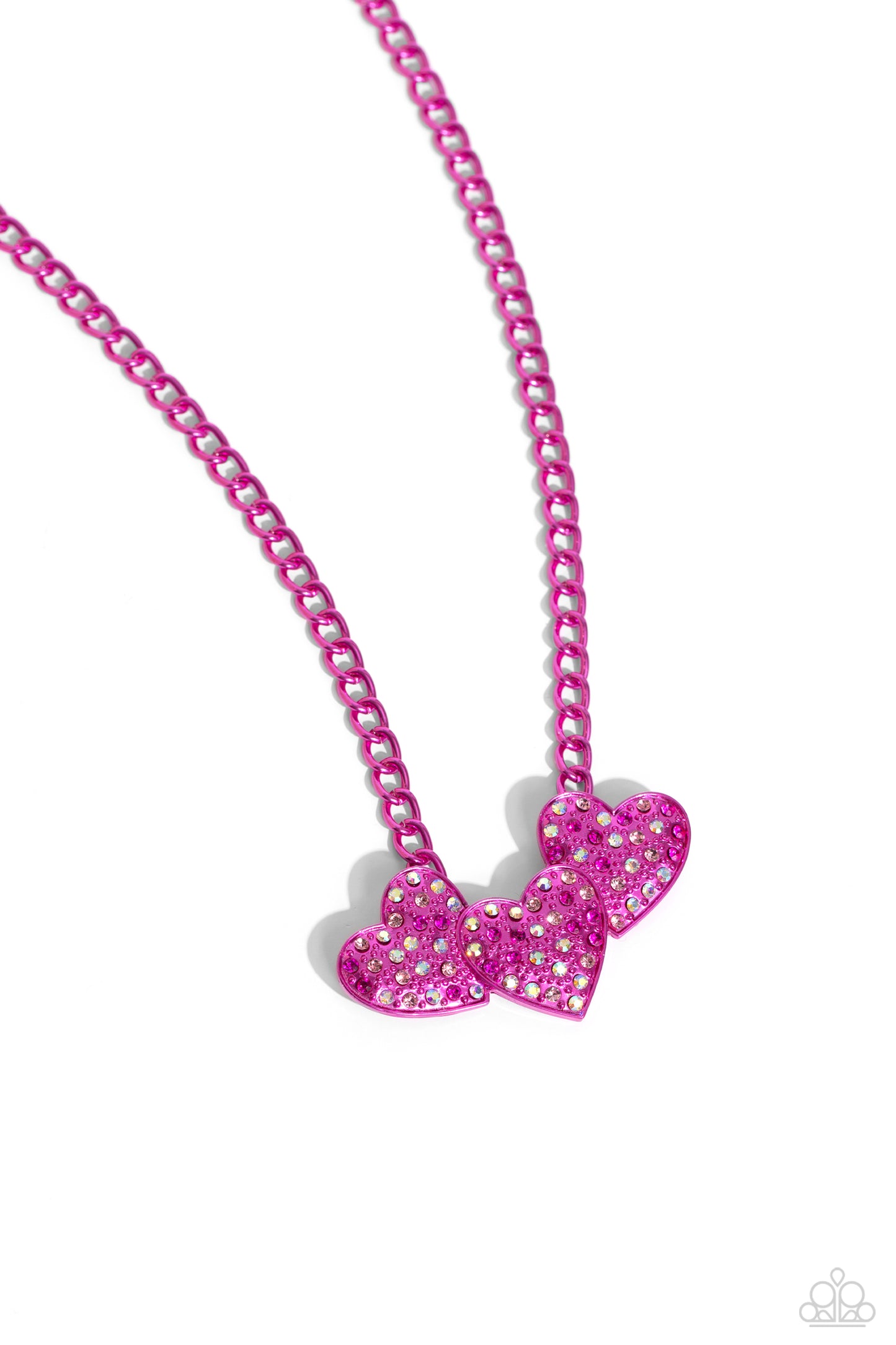 Low-Key Lovestruck - Pink Electric Hue & Iridescent Rhinestone Heart Necklace Paparazzi N2239