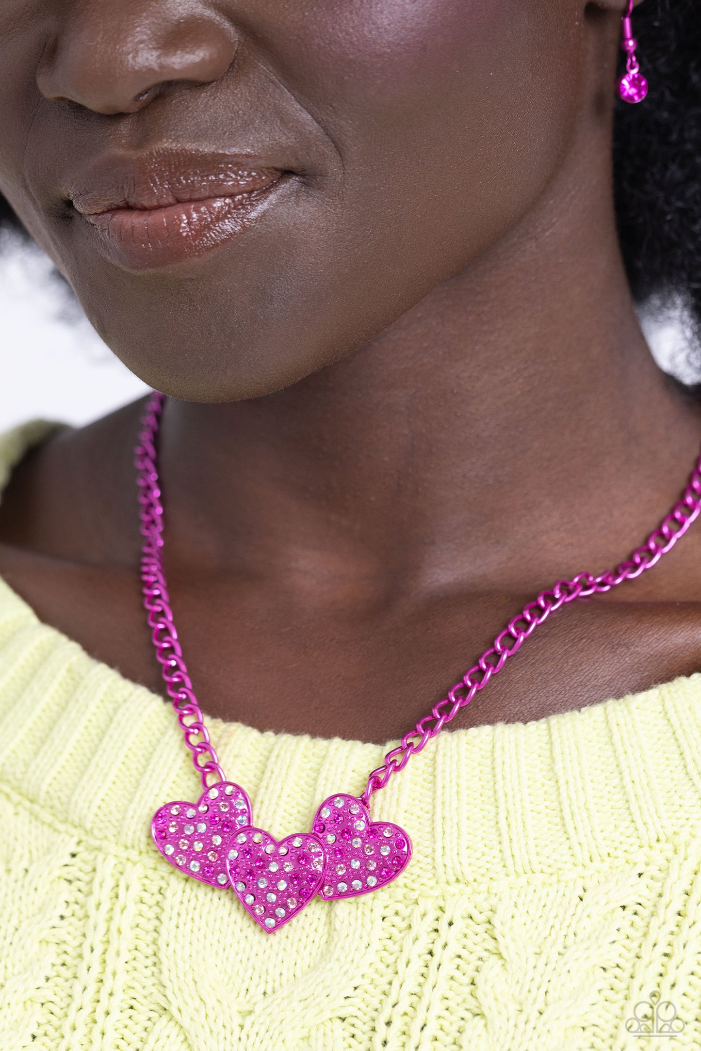 Low-Key Lovestruck - Pink Electric Hue & Iridescent Rhinestone Heart Necklace Paparazzi N2239