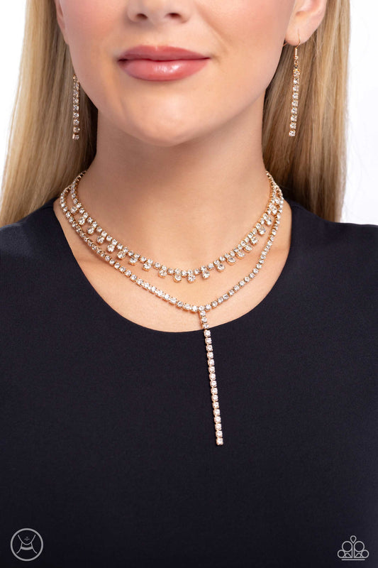 Champagne Night - Gold & White Rhinestone Layered Choker Necklace Paparazzi N0978