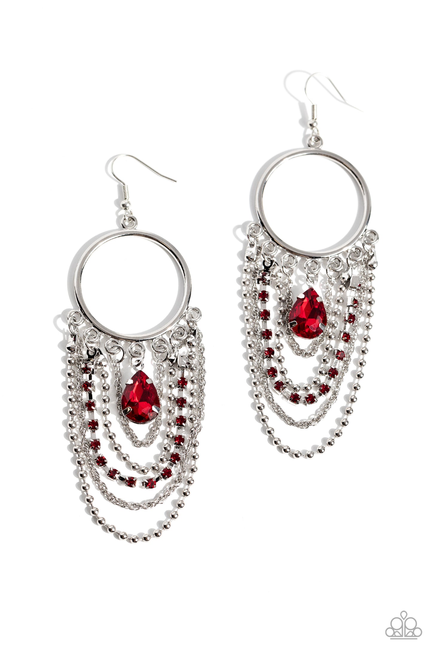 Cascading Clash - Red Teardrop Rhinestone Silver Chain Earring Paparazzi E1112