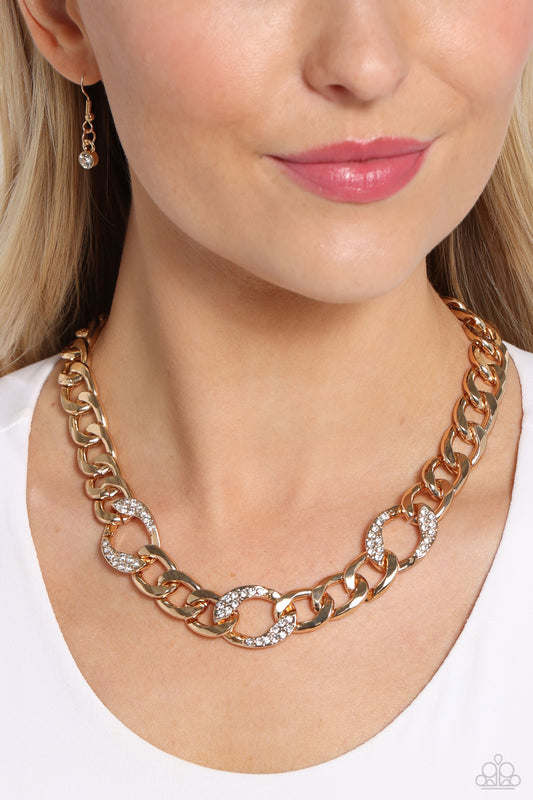 Gleaming Harmony - Gold Curb Chain White Rhinestone Necklace Paparazzi N2082