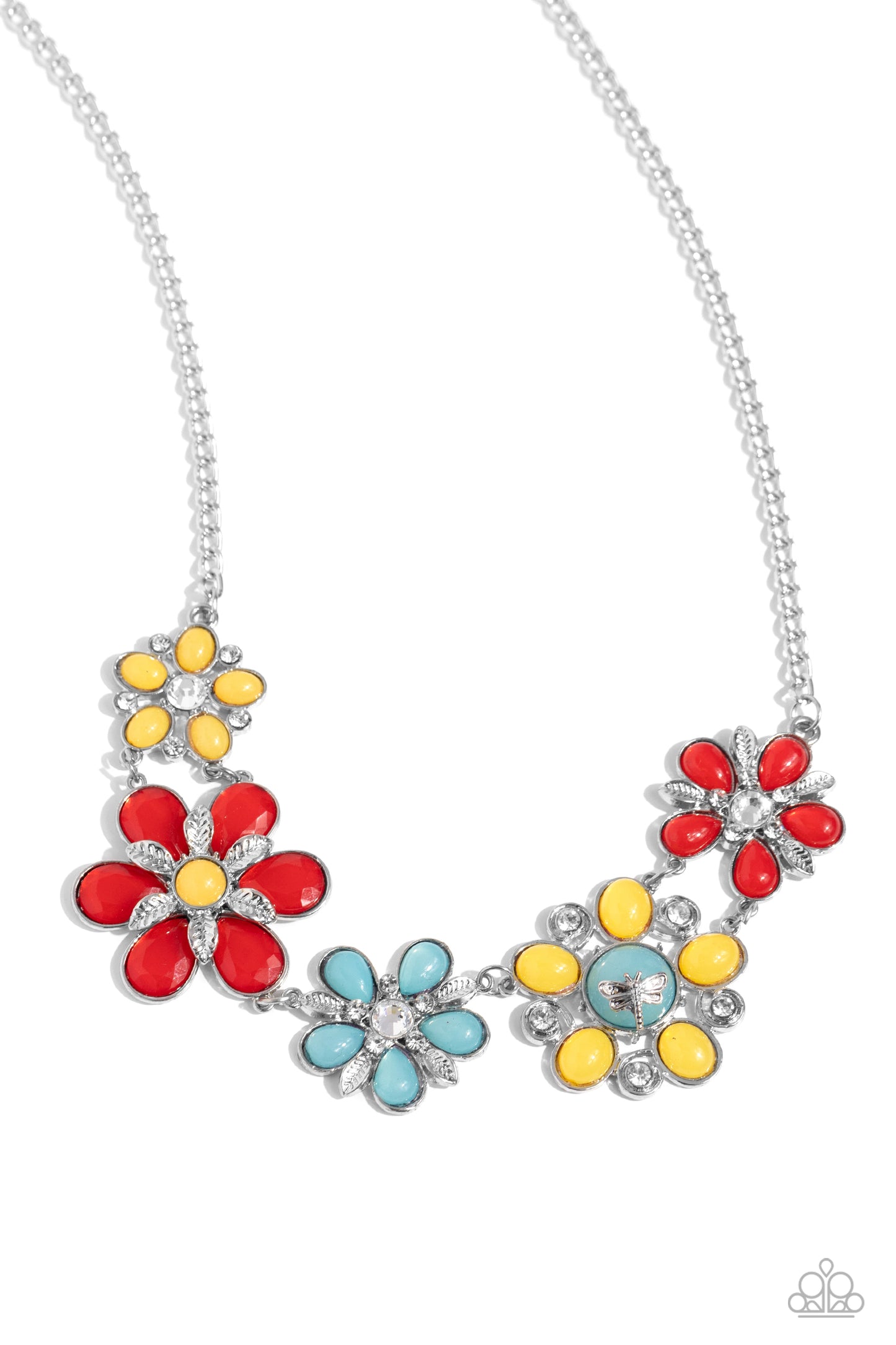 Dragonfly Decadence - Red, Yellow, Turquoise Flowers Silver Dragonfly Charm Necklace Paparazzi N2186