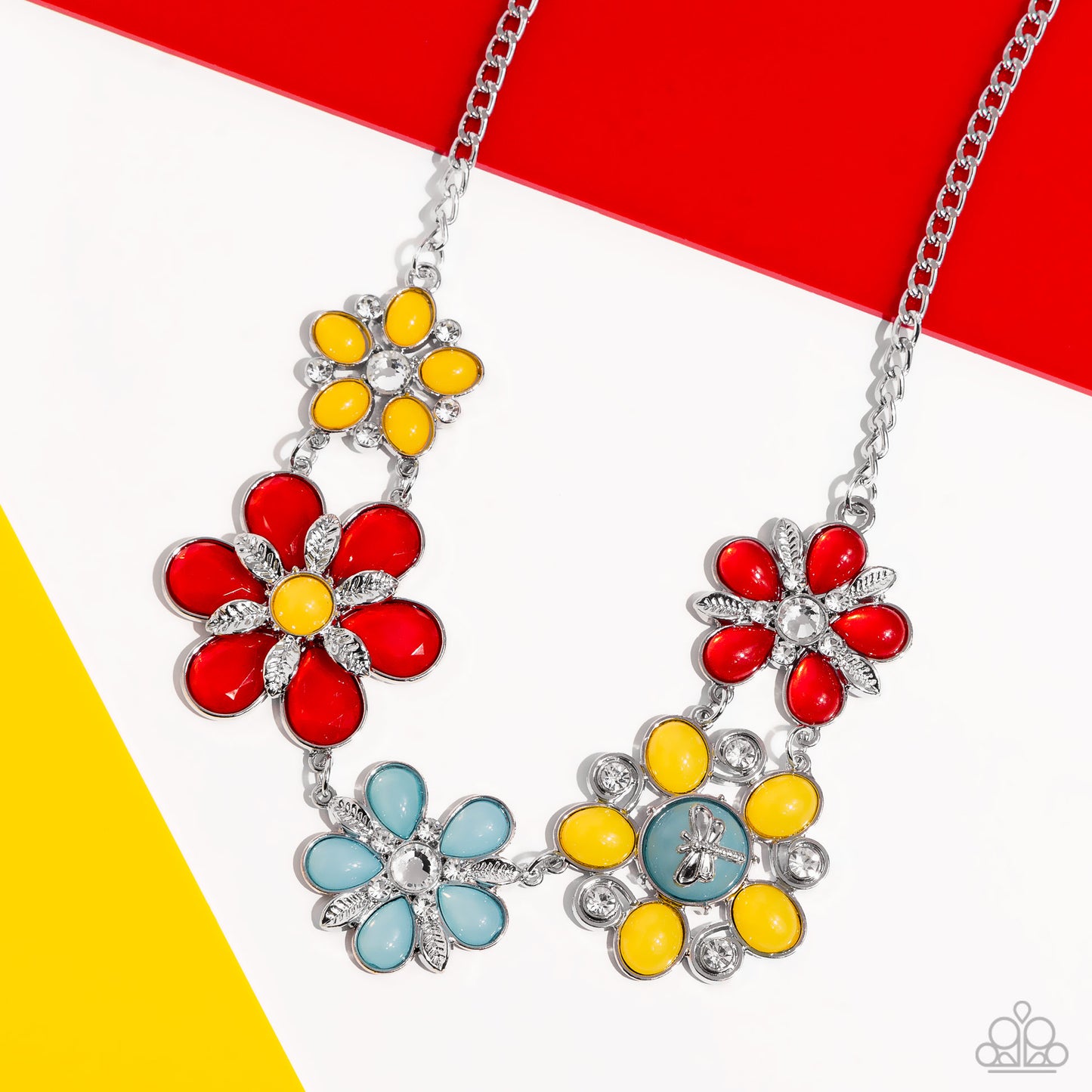 Dragonfly Decadence - Red, Yellow, Turquoise Flowers Silver Dragonfly Charm Necklace Paparazzi N2186