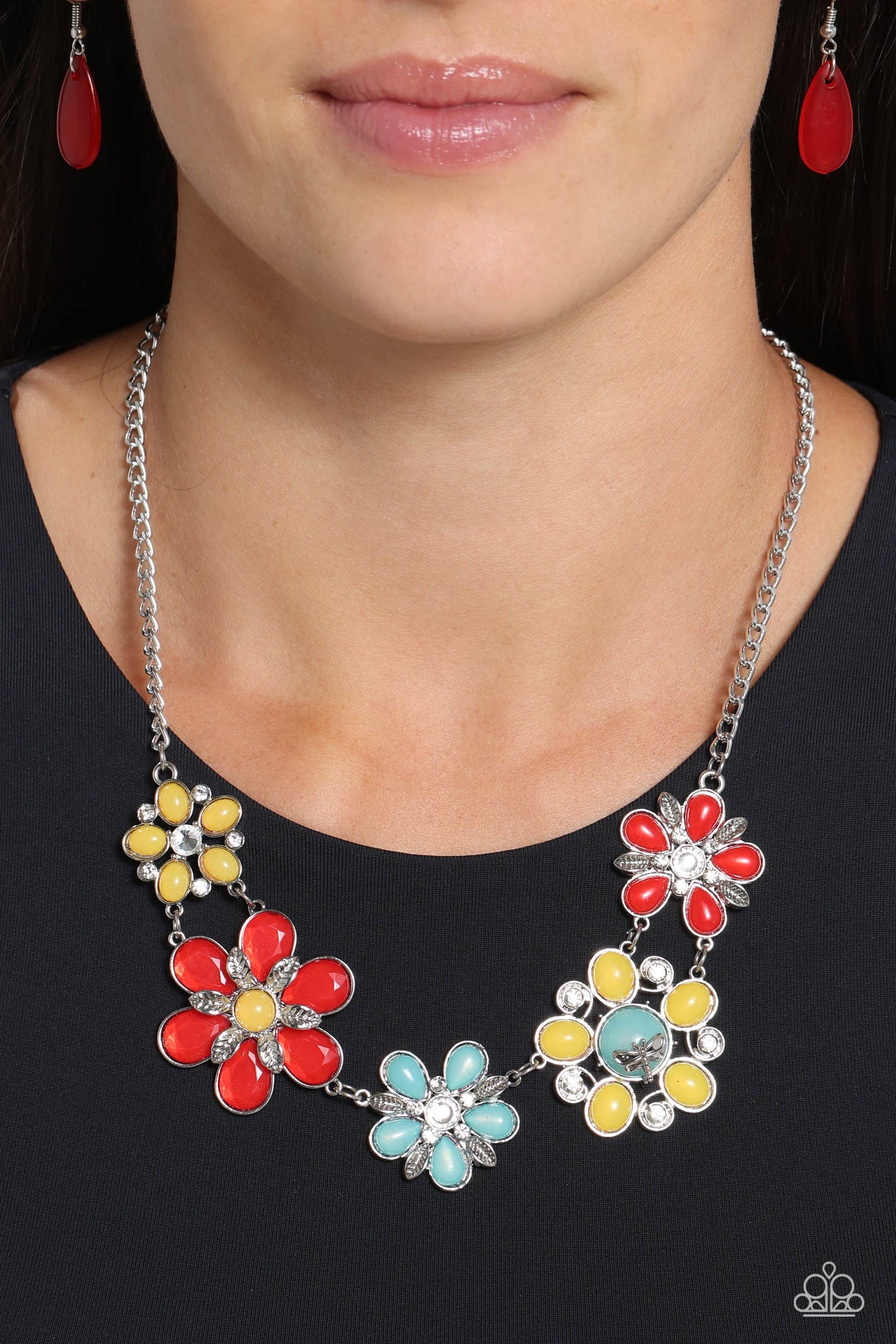 Dragonfly Decadence - Red, Yellow, Turquoise Flowers Silver Dragonfly Charm Necklace Paparazzi N2186