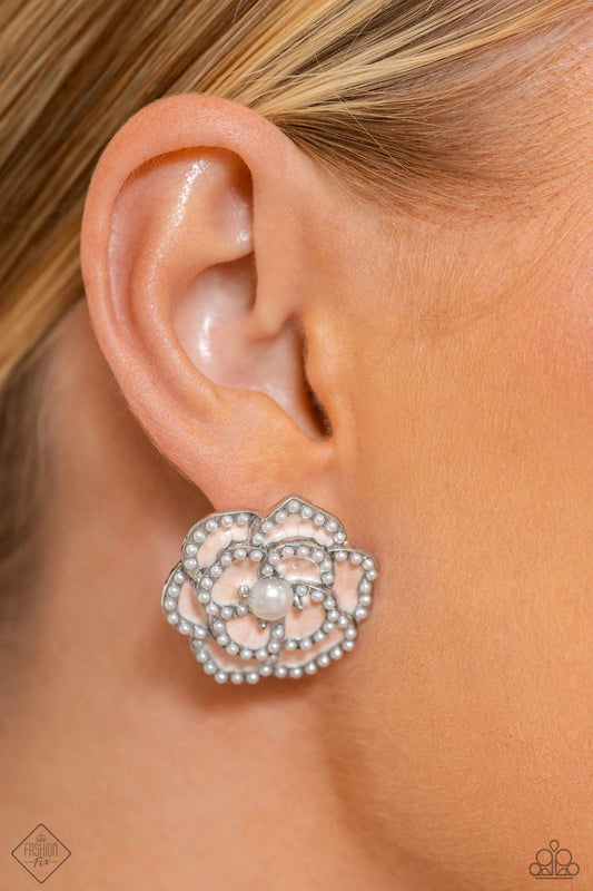 Suave Sensation - White Pearl Flower Earring Fashion Fix January 2024 Paparazzi E1781