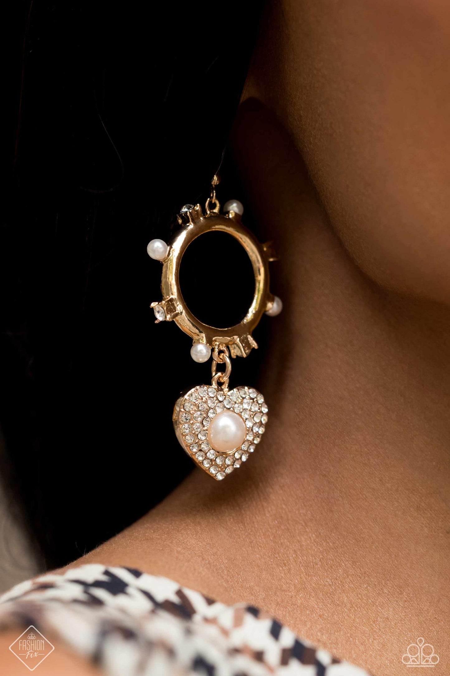 Romantic Relic - Gold & White Rhinestone Heart Earring 5th Avenue Fashion Fix March 2024 E1852