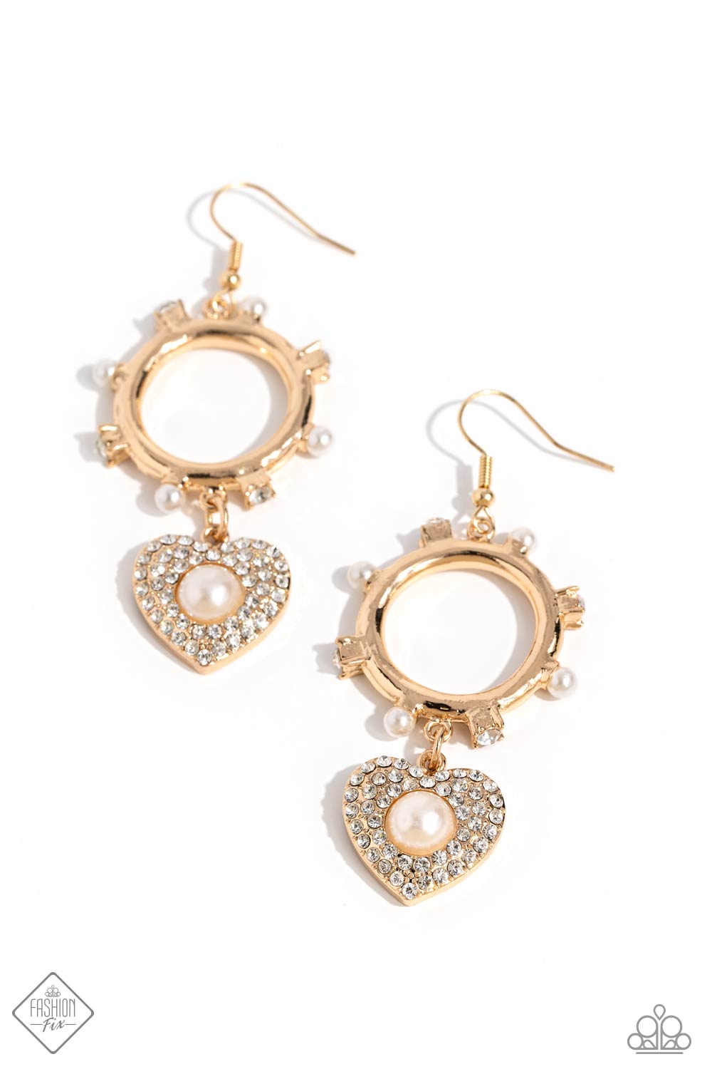 Romantic Relic - Gold & White Rhinestone Heart Earring 5th Avenue Fashion Fix March 2024 E1852