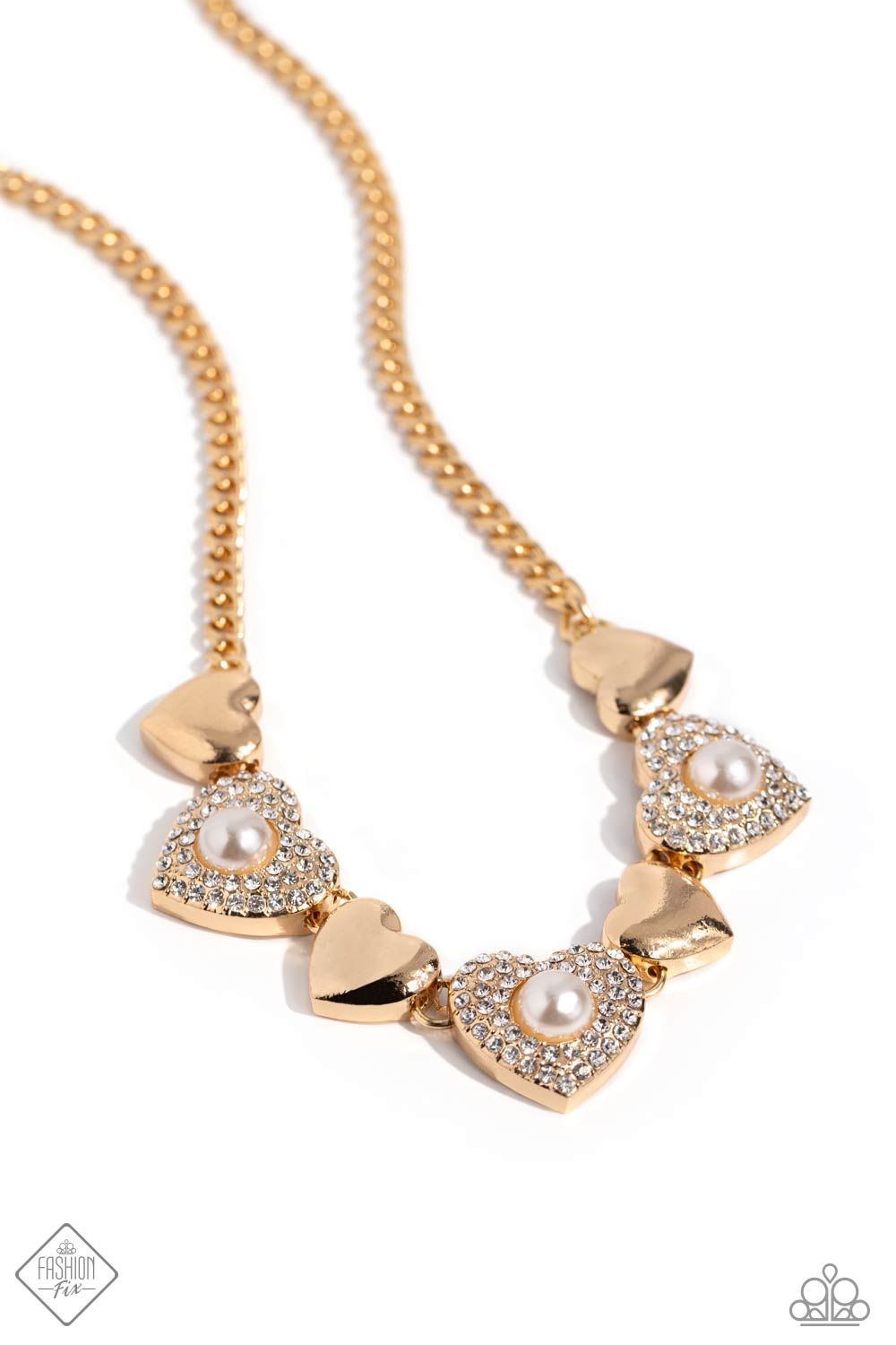 Ardent Antique - Gold & White Rhinestone Heart Necklace Fashion Fix March 2024 Paparazzi N2137