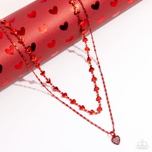 Cupid Combo - Red -Rich Red Chain, White Rhinestone Encrusted Heart Necklace Paparazzi N2274