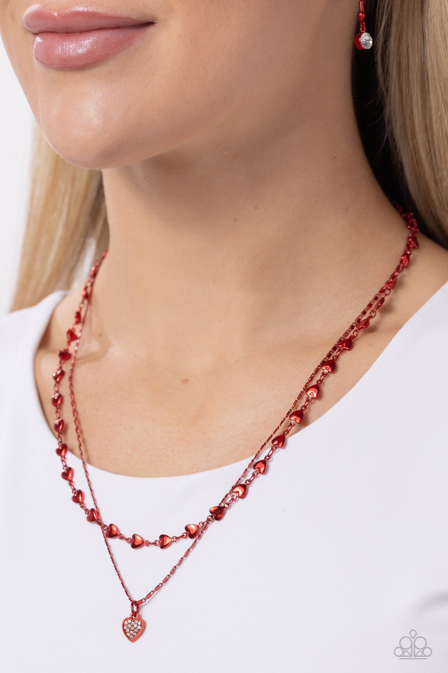 Cupid Combo - Red -Rich Red Chain, White Rhinestone Encrusted Heart Necklace Paparazzi N2274