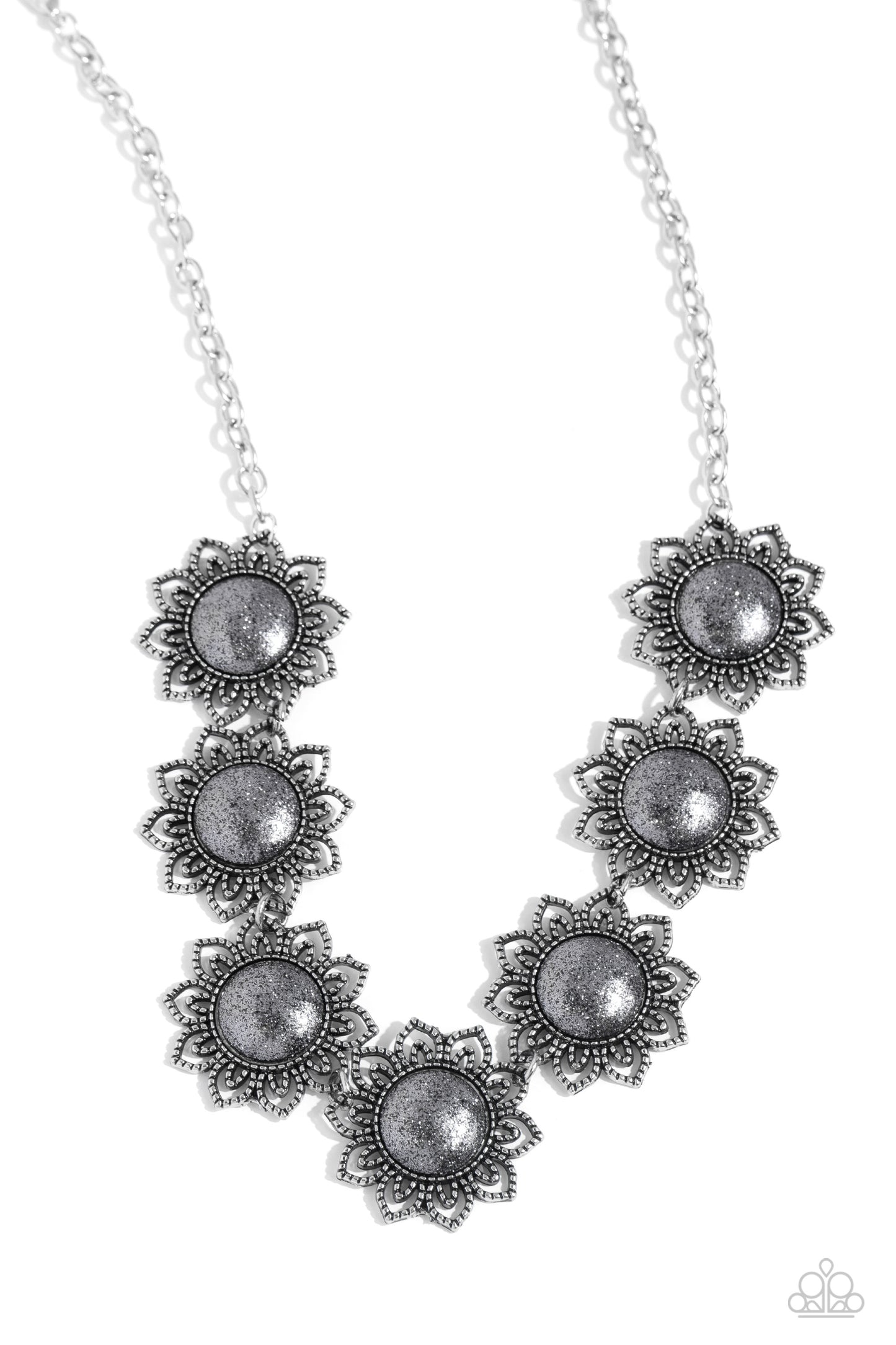 The GLITTER Takes It All - Silver Glittery Center Floral Necklace Paparazzi N2172