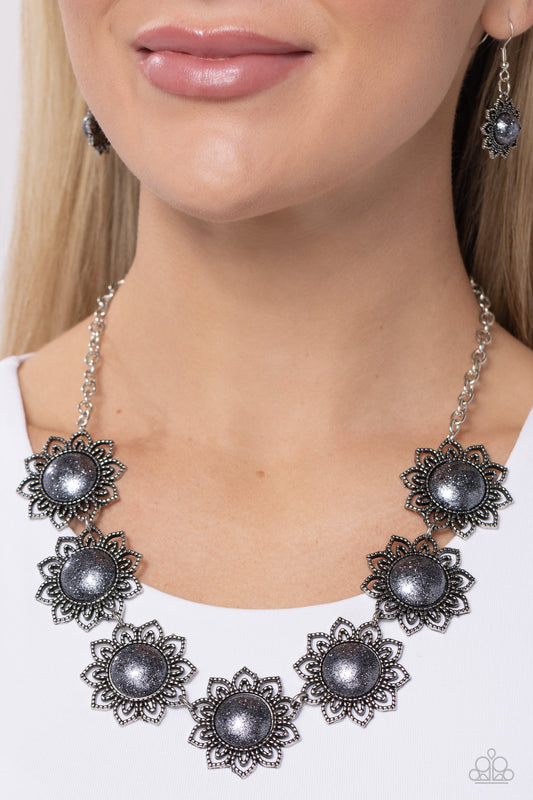 The GLITTER Takes It All - Silver Glittery Center Floral Necklace Paparazzi N2172