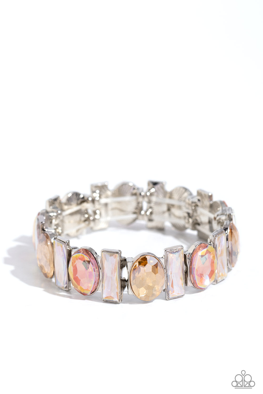 Complimentary Couture - Multi Iridescent Topaz, Peachy Emerald Cut Gem Stretch Bracelet Paparazzi B1484